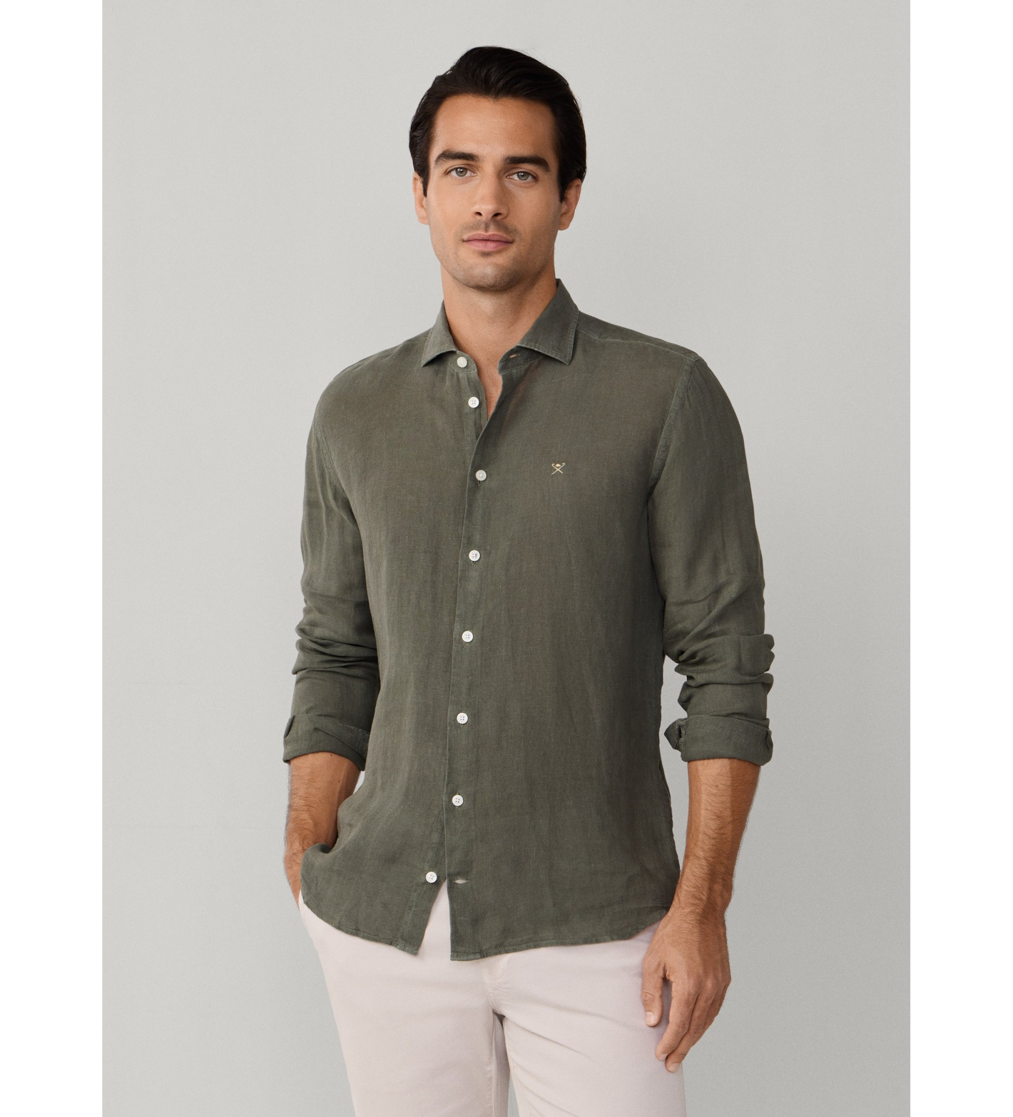 Hackett London für Herren. HM3010636 ESS GMD grünes Leinenhemd (M), Lässig, Langarm
