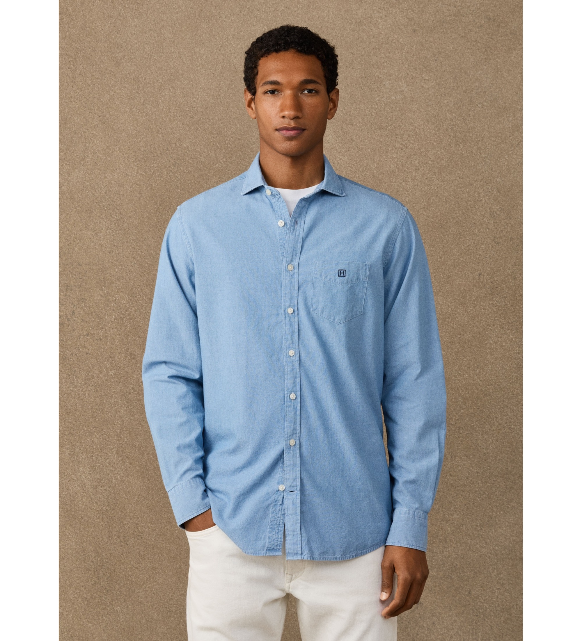 Hackett London für Herren. HM3010769 Blaues Chambray-Hemd (M), Lässig, Baumwolle, Klassisch, Langarm