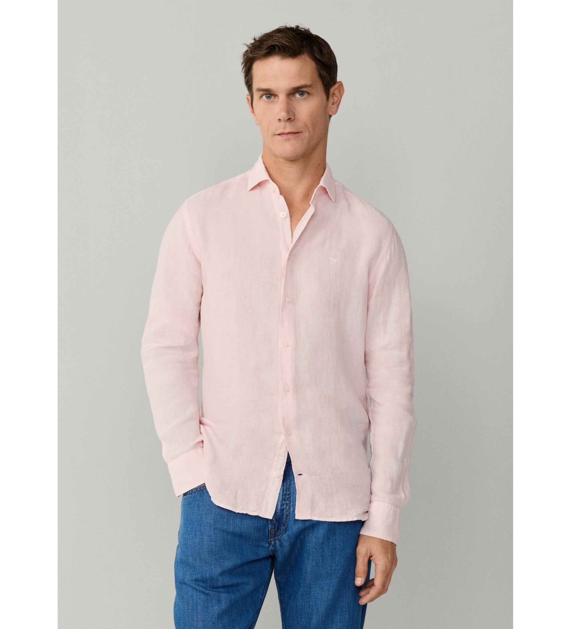 Hackett London für Herren. HM3010636 Gefärbtes Leinenhemd taillierte Passform tailliert rosa (M), Lässig, Langarm