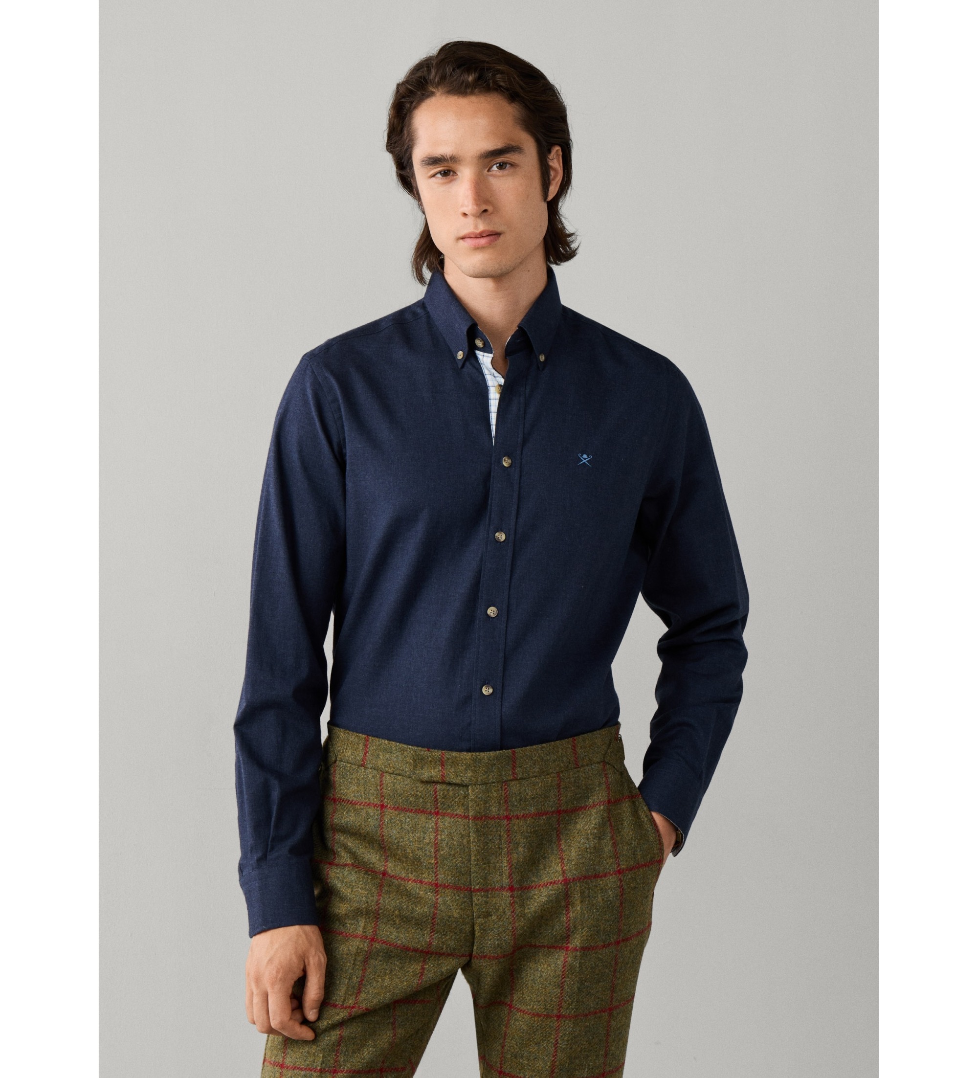 Hackett London für Herren. HM3010855 Marineblaues Flanellhemd mit Multi-Trim (M), Lässig, Baumwolle, Langarm