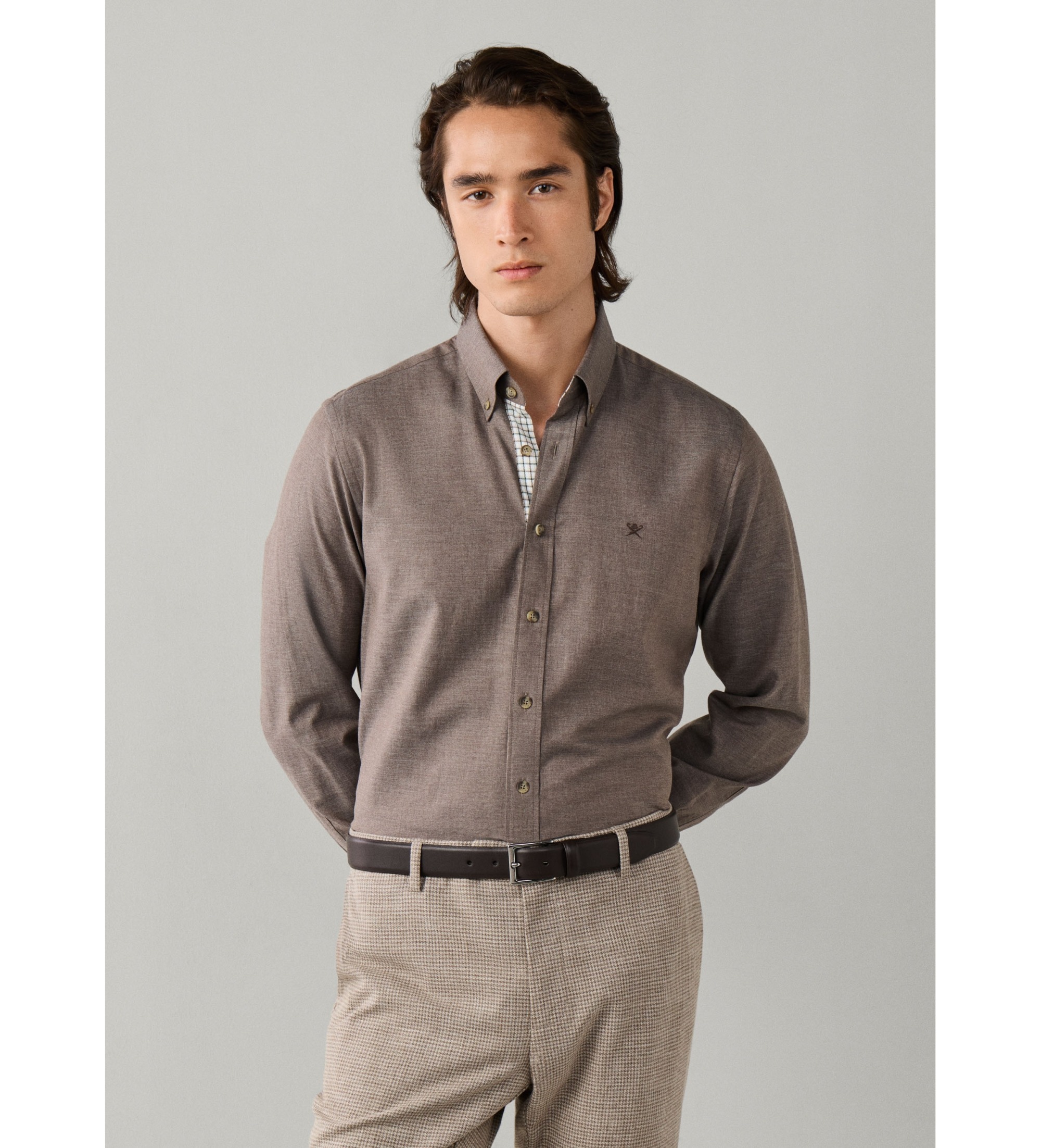 Hackett London für Herren. HM3010855 Flanellhemd Multi Trim taupe (M), Lässig, Baumwolle, Langarm