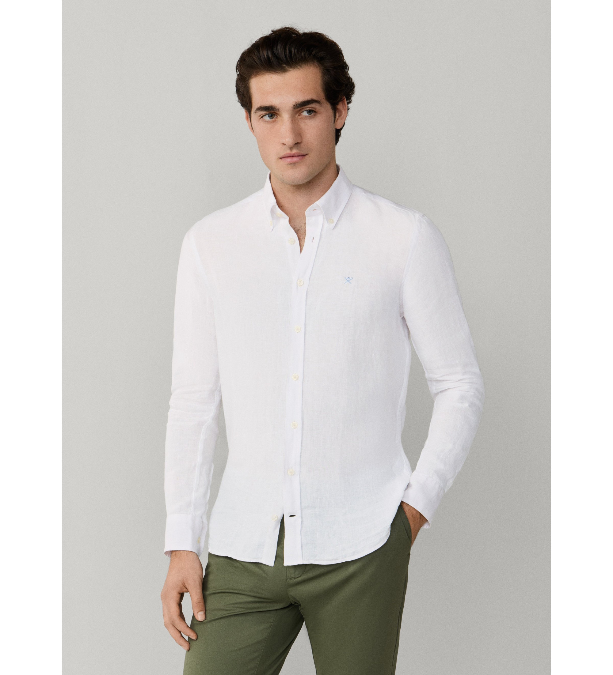 Hackett London für Herren. HM3010635 Tailliertes Hemd aus Leinen weiß (L), Lässig, Langarm