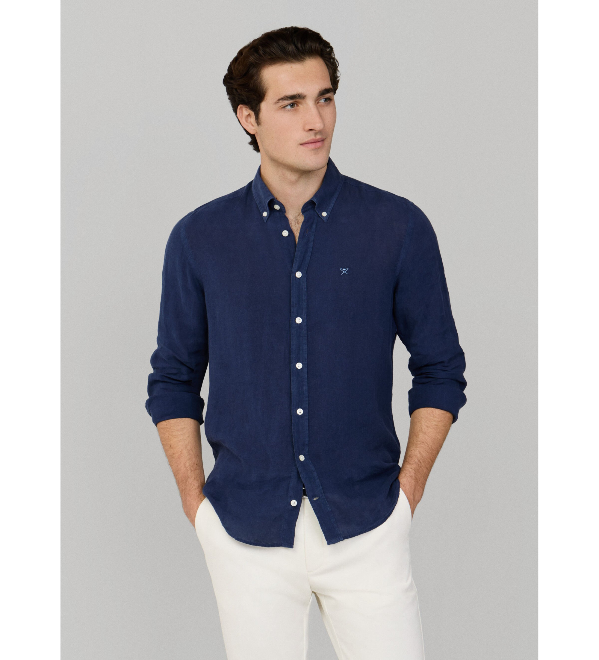 Hackett London für Herren. HM3010635 Maßgeschneidertes Hemd aus navyfarbenem Leinen (M), Lässig, Langarm, Marine
