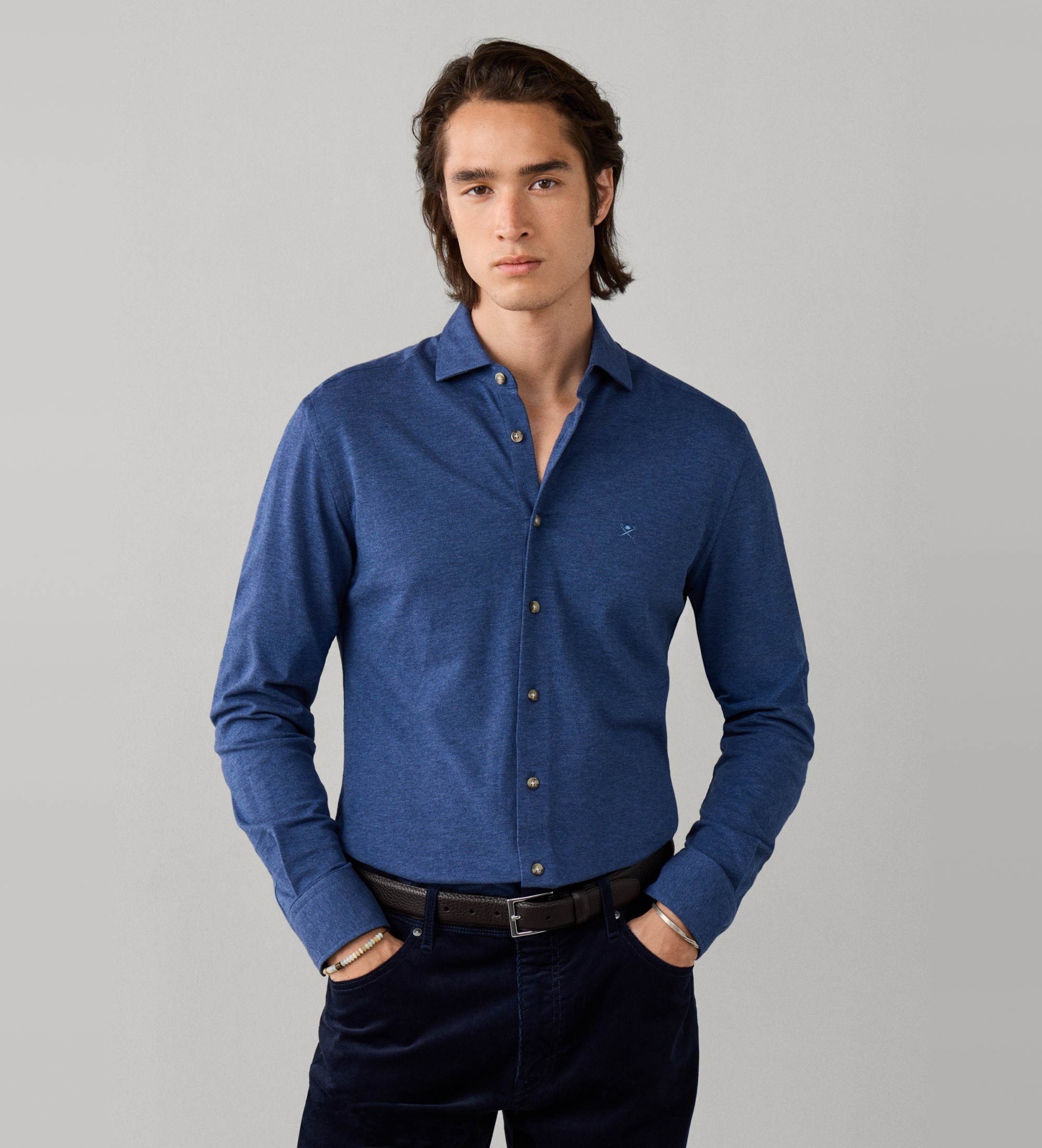 Hackett Londonvoor mannen. HM3010837 Melange piqué shirt blauw (XXL), Casual, Katoen, Lange mouwen