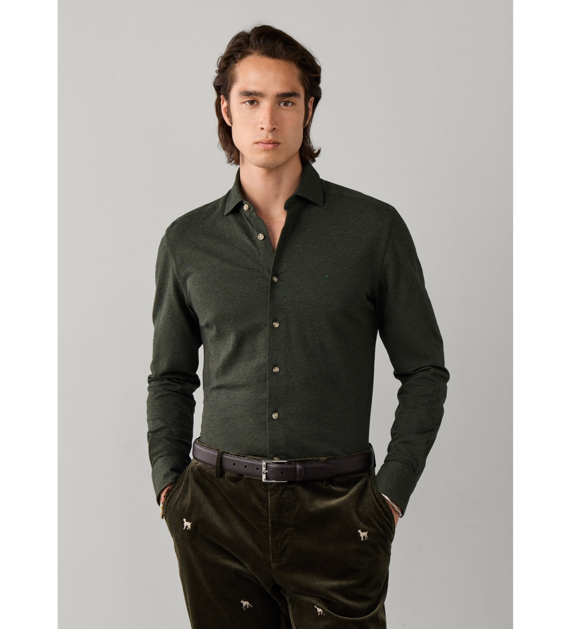 Hackett London für Herren. HM3010837 Meliertes Piqué-Hemd grün (M), Lässig, Baumwolle, Langarm