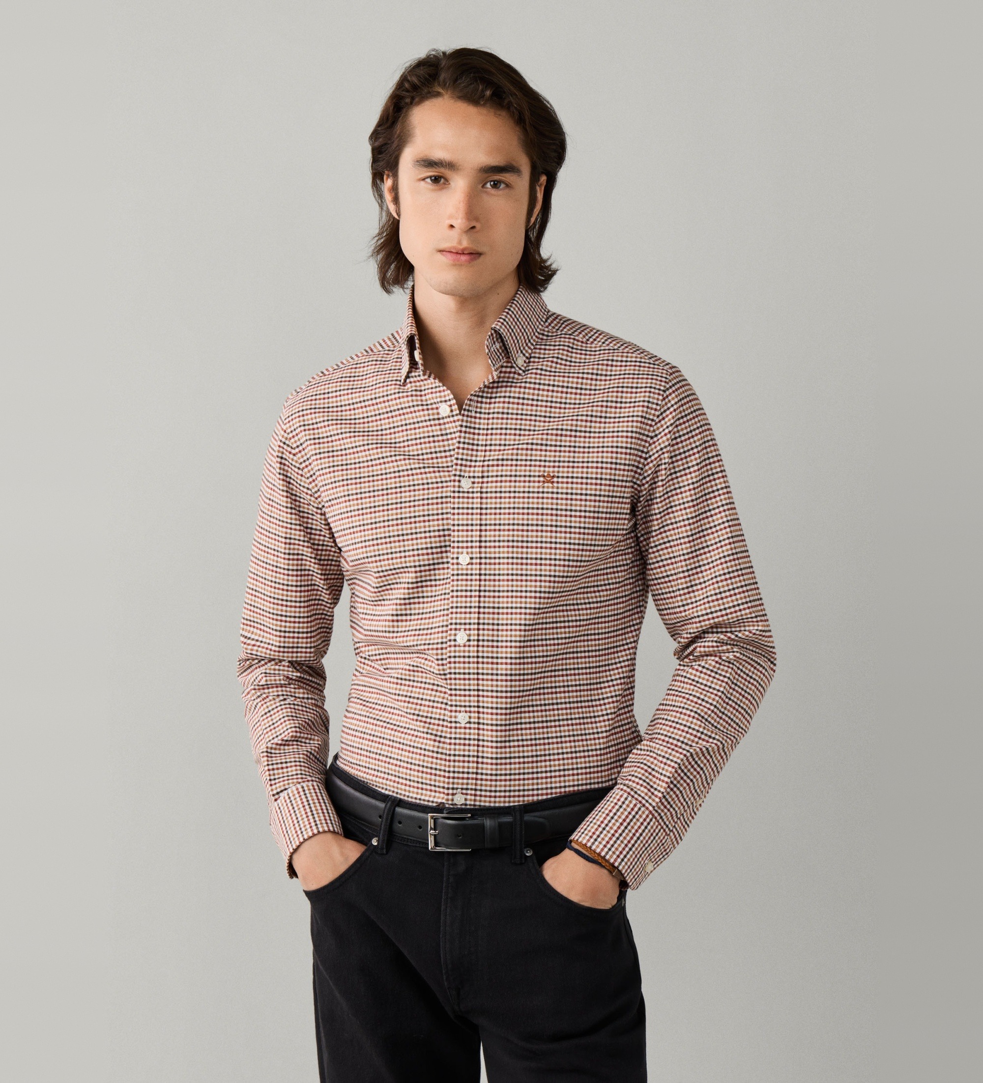 Hackett Londonvoor mannen. HM3010856 Oxford gingham overhemd oranje (XL), Casual, Katoen, Lange mouwen