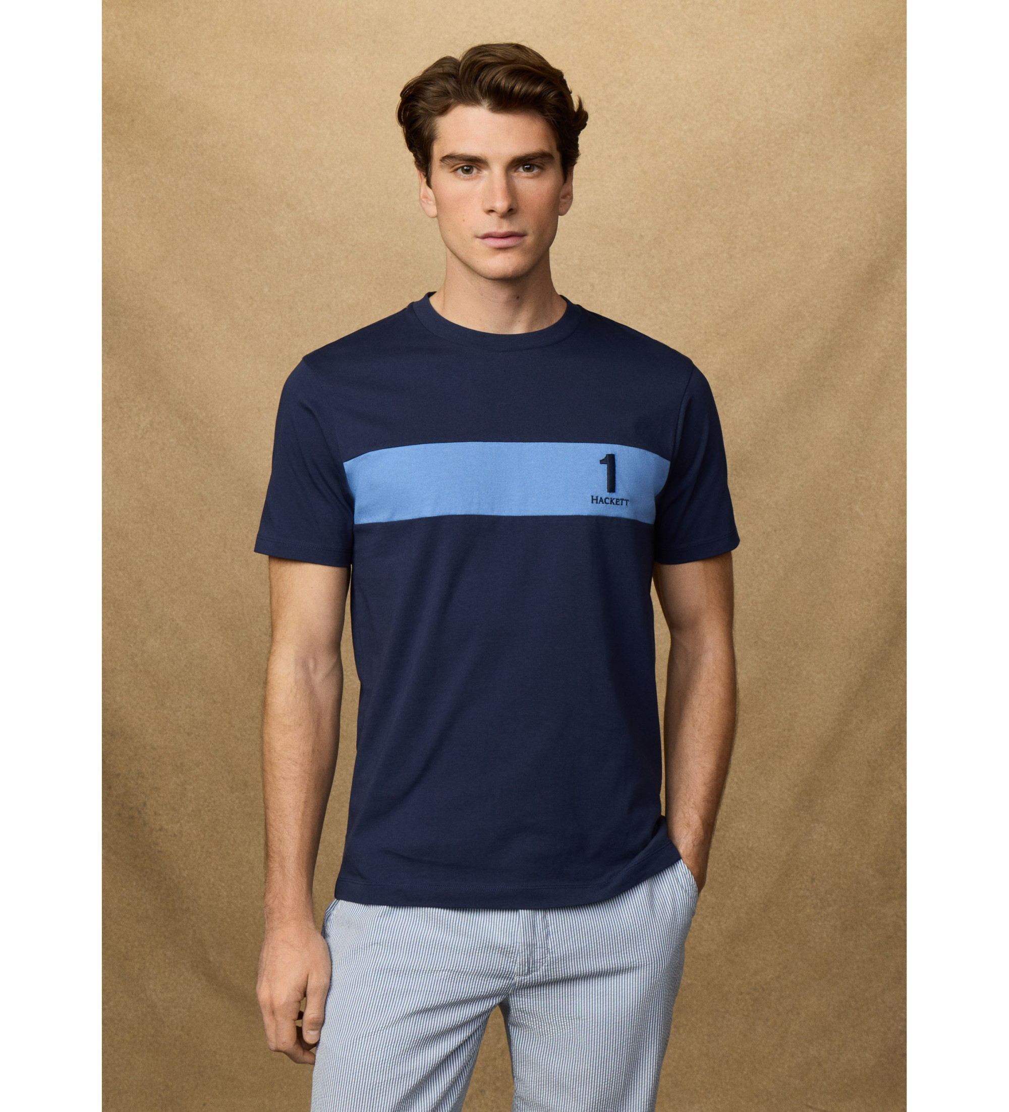 Hackett London für Herren. HM5000094 Heritage-T-Shirt Marinebordüre (L), Lässig, Baumwolle, Kurzarm