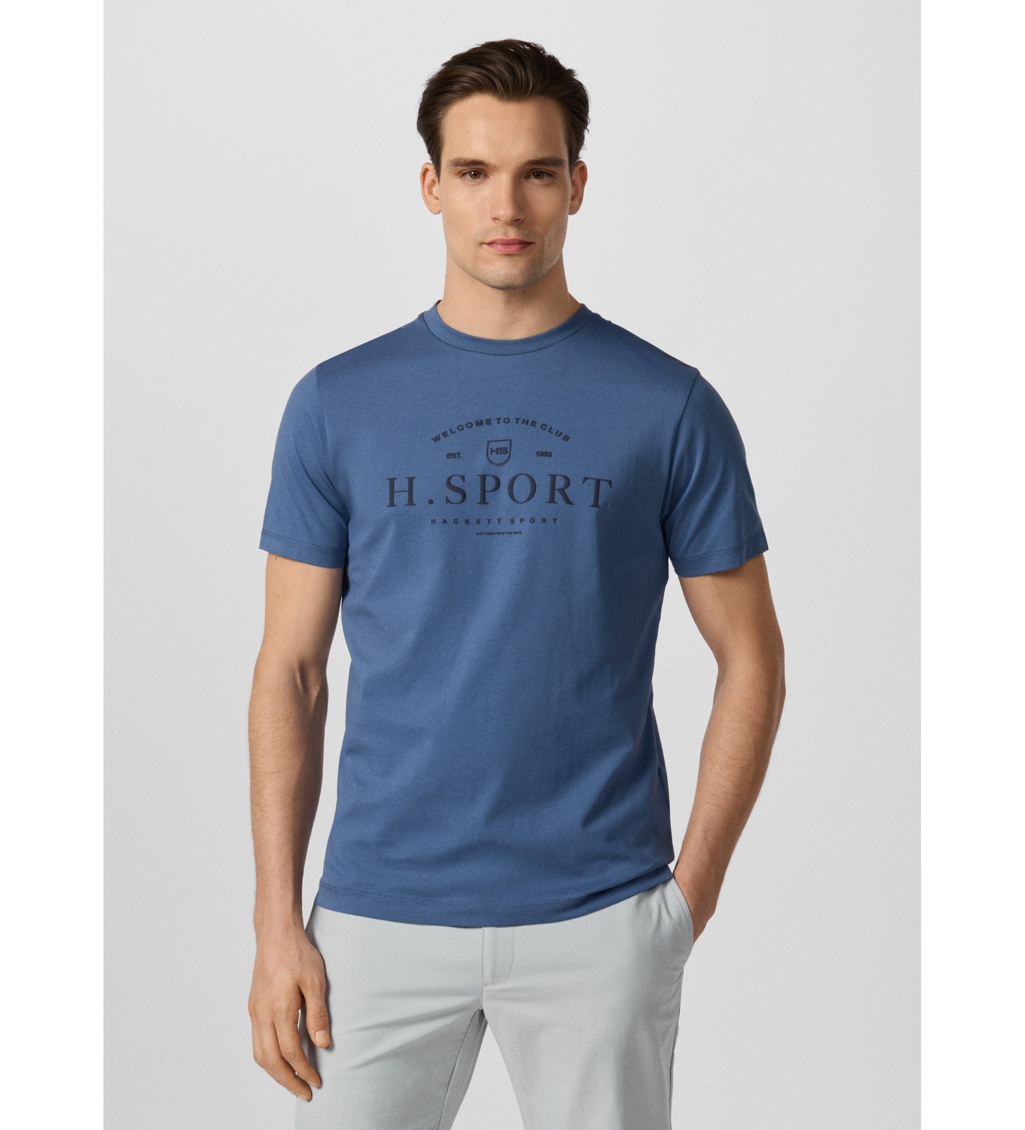 Hackett London für Herren. HM5000123 Hs Script T-Shirt, blau (L), Lässig, Baumwolle, Kurzarm