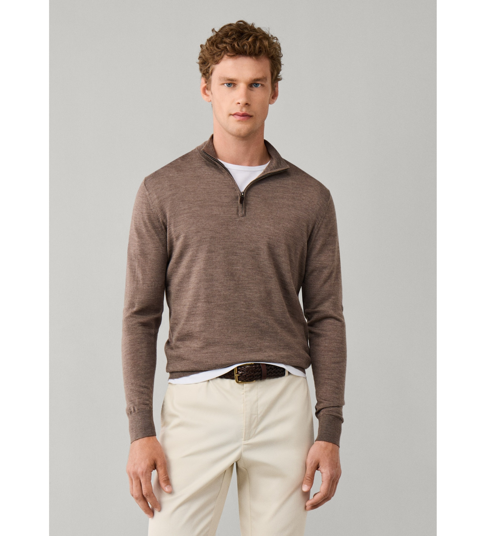 Hackett London für Herren. HM7000205 Ess Merino Hzip Pullover mit Reißverschluss, beige (L), Lässig, Wolle, Klassisch