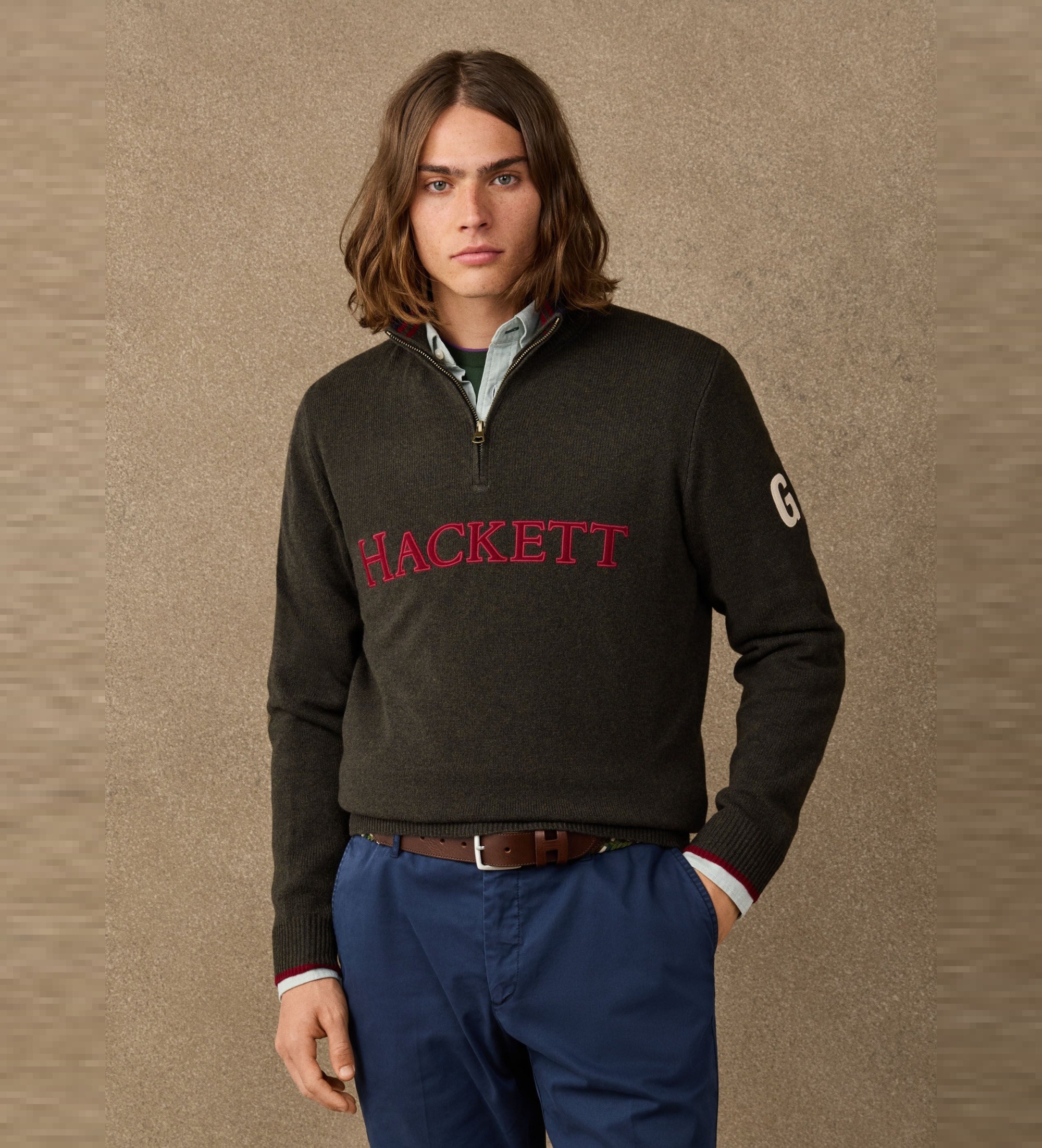Hackett Londonvoor mannen. HM7000258 Trui met rits Hzip groen (L), Casual, Wol