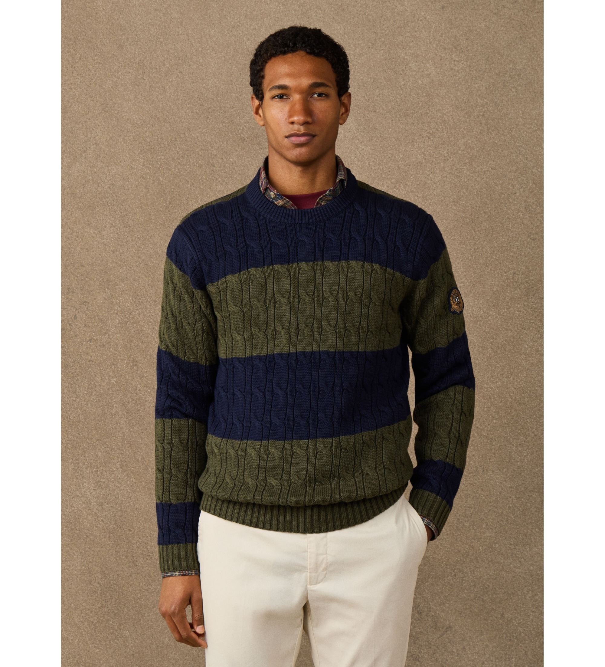 Hackett London für Herren. HM7000291 Marinepullover mit Kabelmuster, Grün (L), Lässig, Baumwolle
