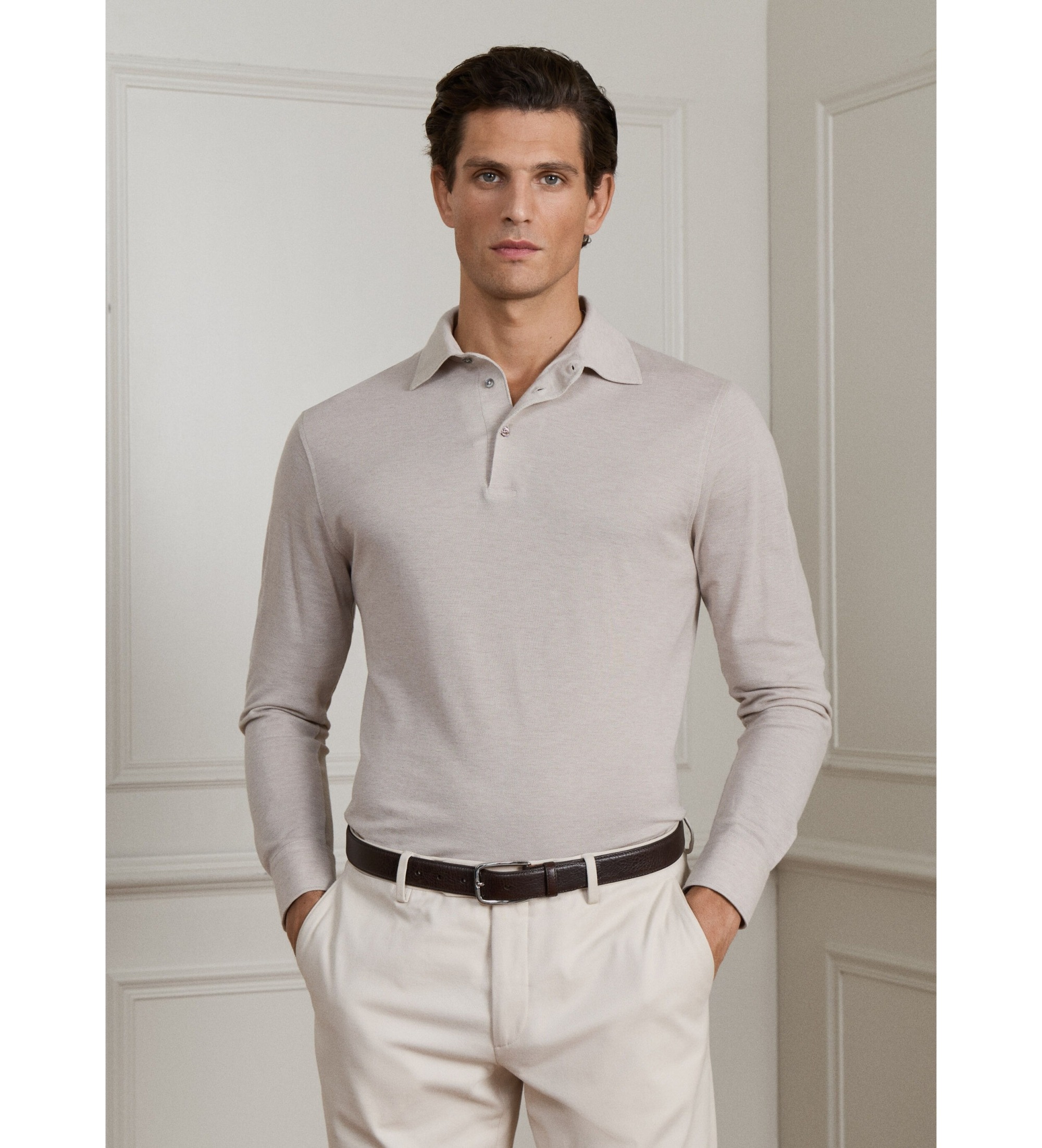 Hackett London für Herren. HM5500036 Beiges Cash Poloshirt mit langen Ärmeln (L), Lässig, Baumwolle, Klassisch, Langarm