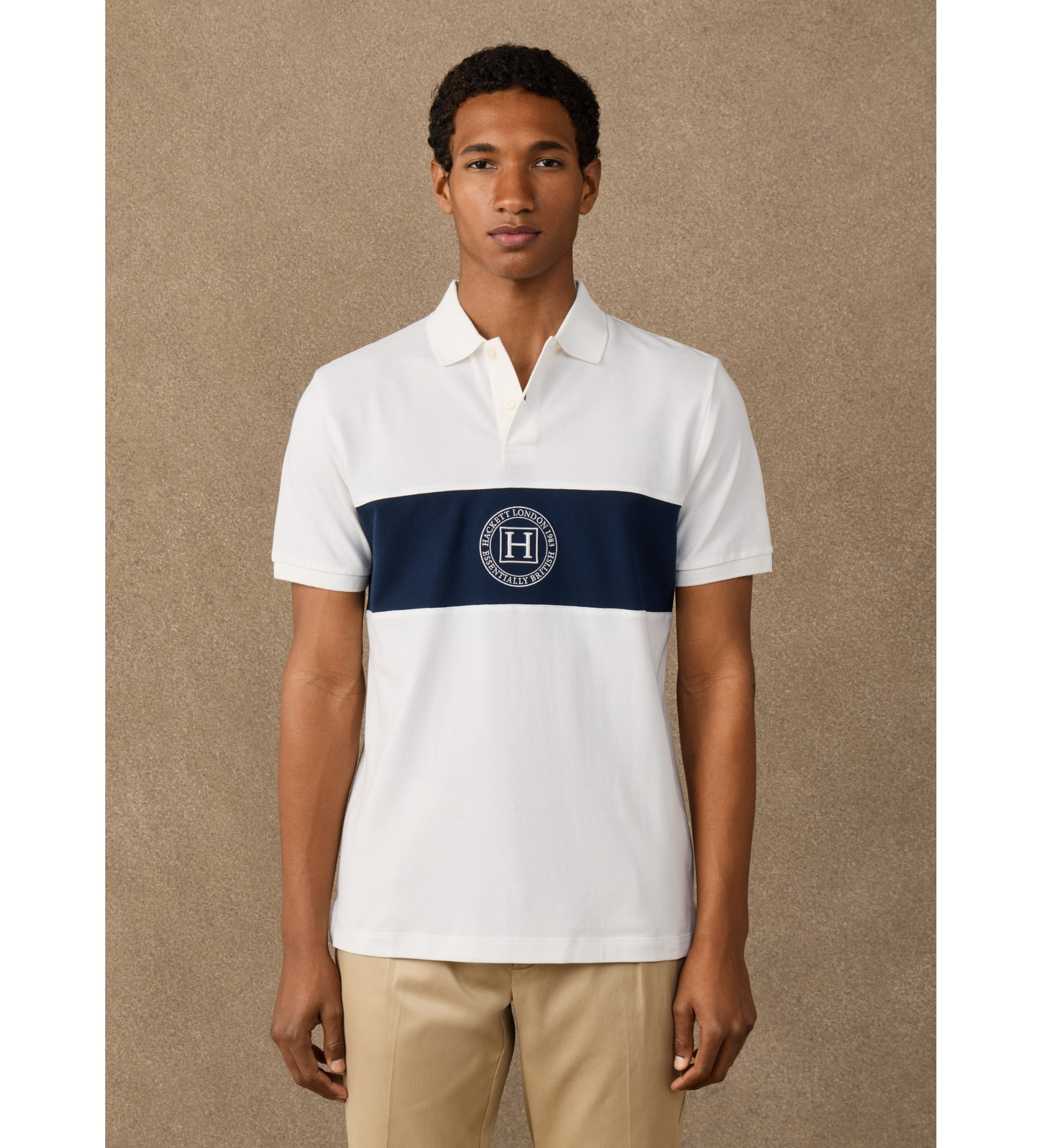 Hackett London für Herren. HM5600187 Polo H Panel, weiß (L), Lässig, Baumwolle, Kurzarm