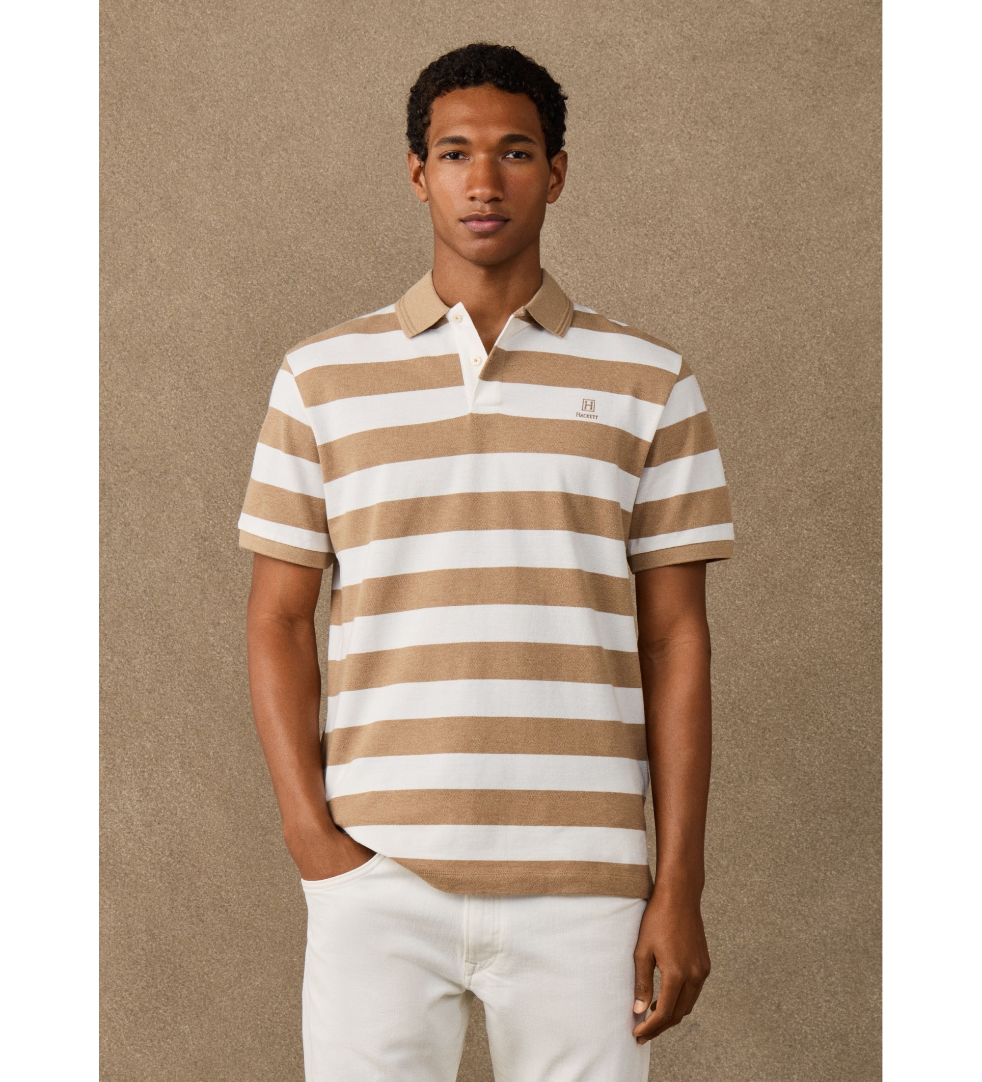 Hackett London für Herren. HM5600186 Polo H Str beige (L), Lässig, Baumwolle, Kurzarm