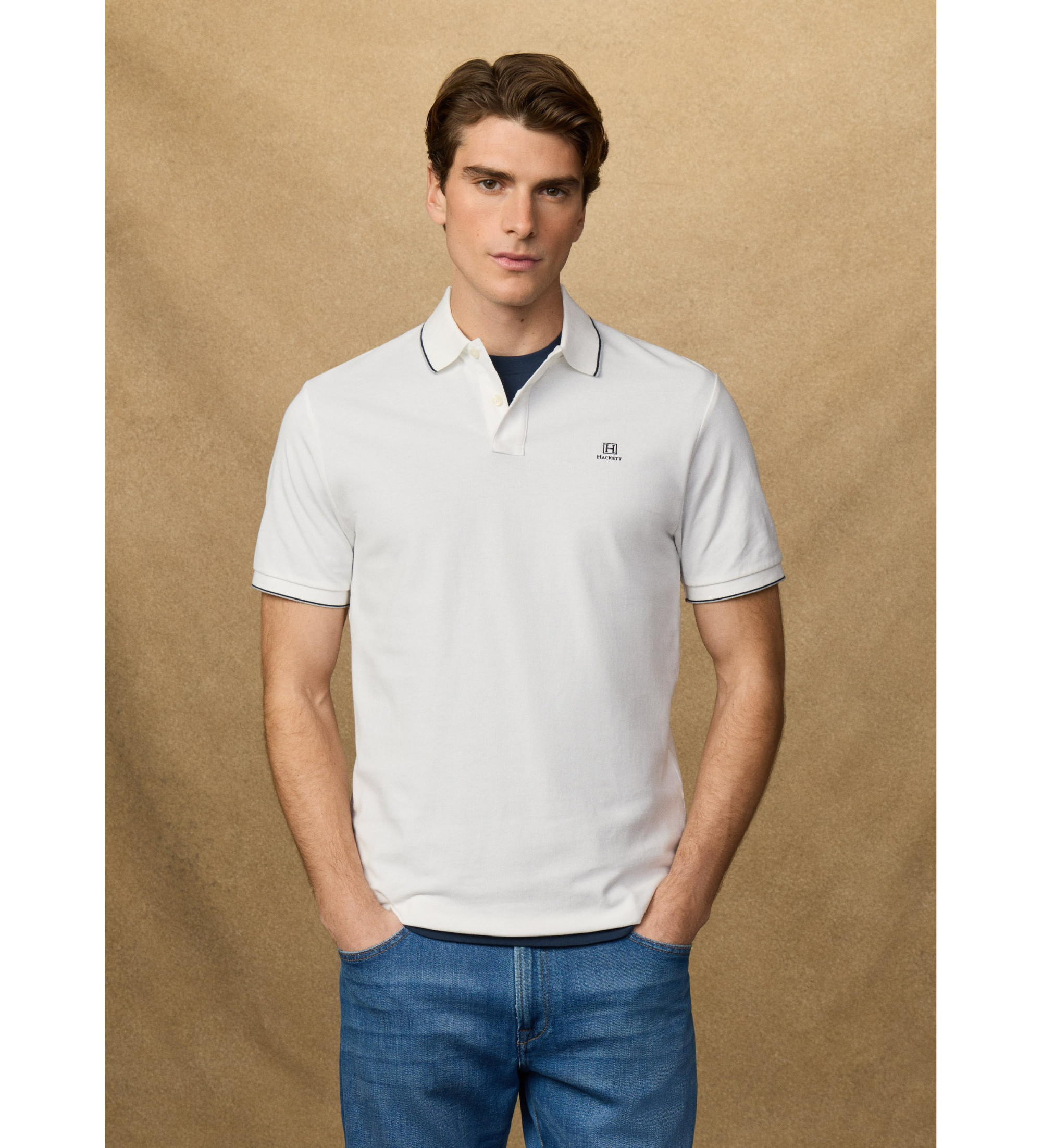 Hackett London für Herren. HM5600136 Heritage Fit Klassisches Poloshirt in Off-White (M), Weiß, Lässig, Baumwolle, Kurzarm