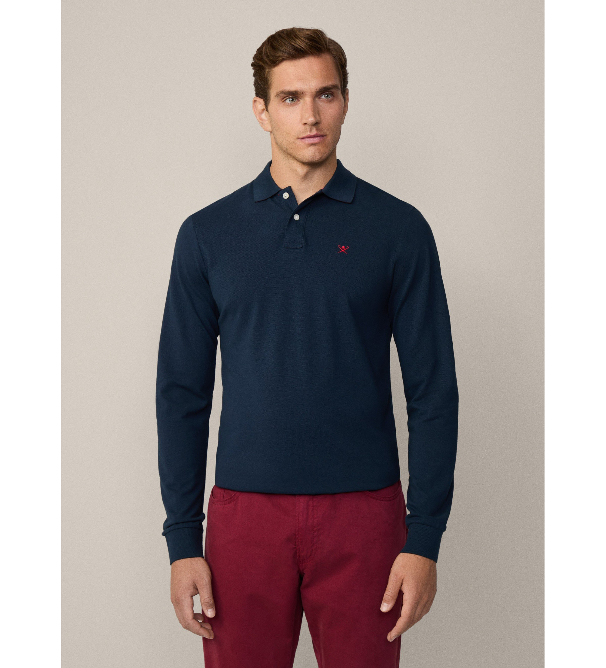 Hackett London für Herren. HM550887 Langärmeliges Piqué-Poloshirt in klassischer Marineblau (S), Lässig, Baumwolle, Langarm