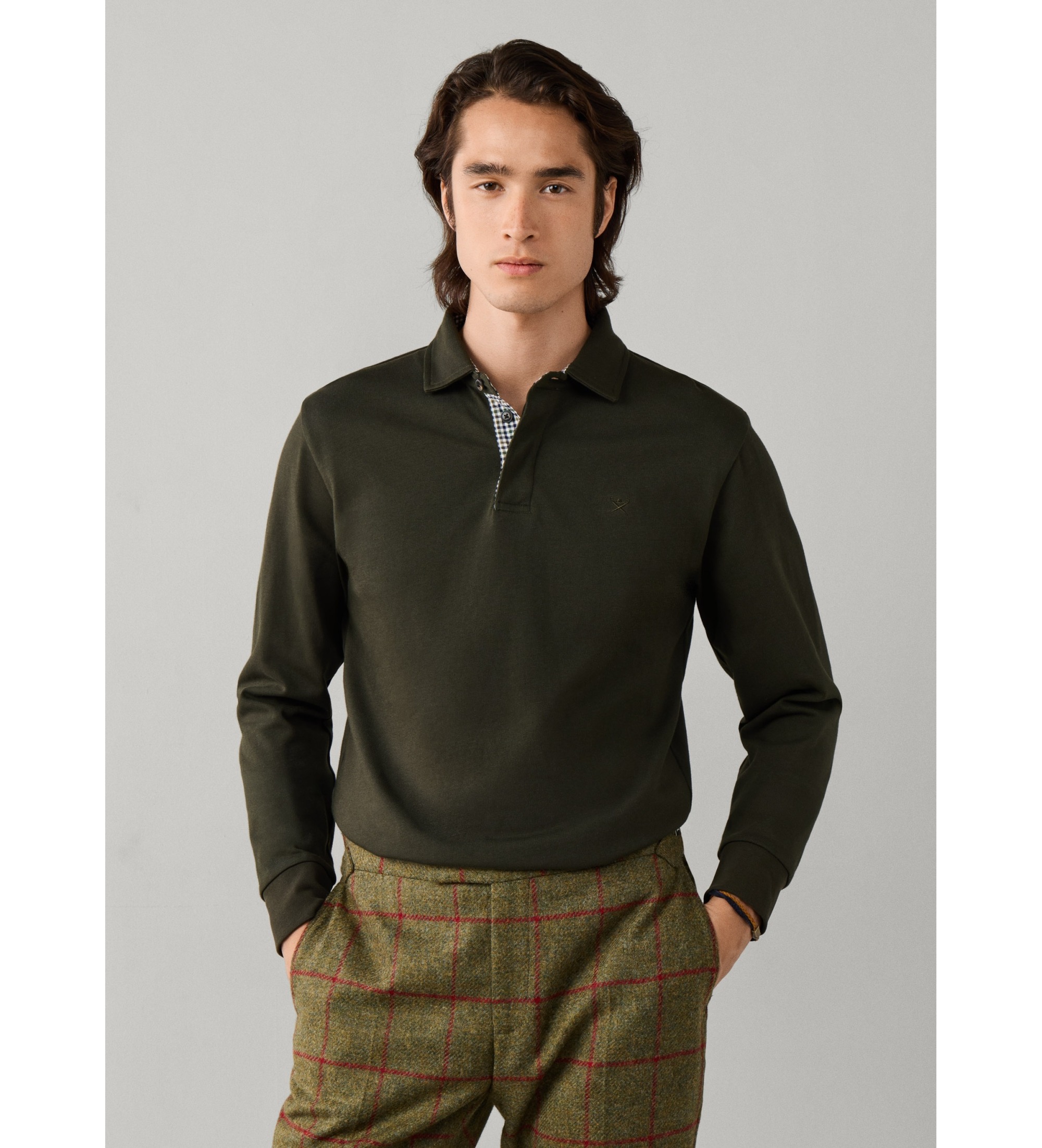 Hackett London für Herren. HM5700021 Rugby-Poloshirt mit gewebtem Taschenbesatz, grün (M), Lässig, Baumwolle, Langarm