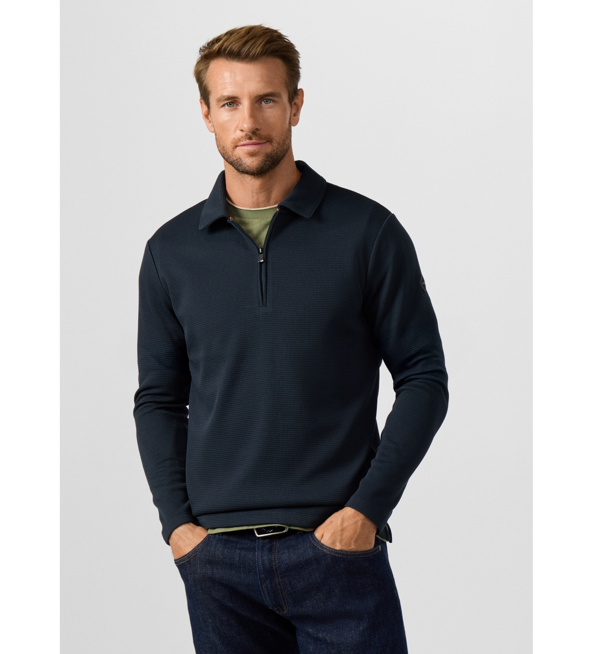 Hackett London für Herren. HM5800134 Sweatshirt-Polo mit Reißverschluss und Waffle-Logo mairno (S), Lässig, Polyester, Langarm, Marine