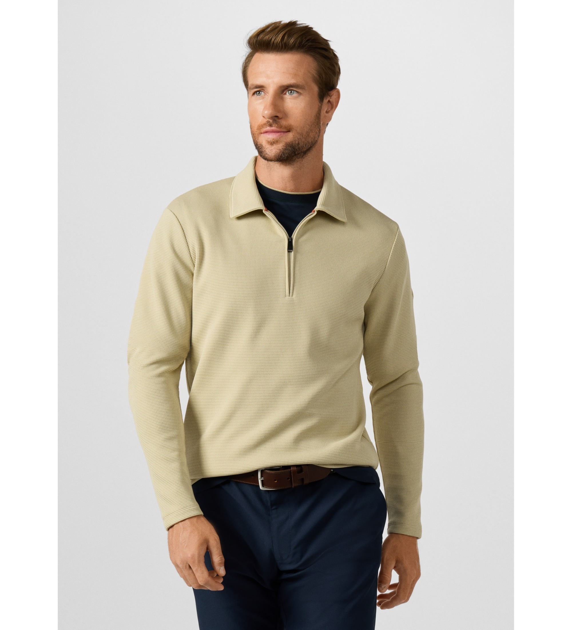 Hackett London für Herren. HM5800134 Sweatshirt-Polo mit Reißverschluss und Waffle-Logo, beige (L), Lässig, Polyester, Langarm