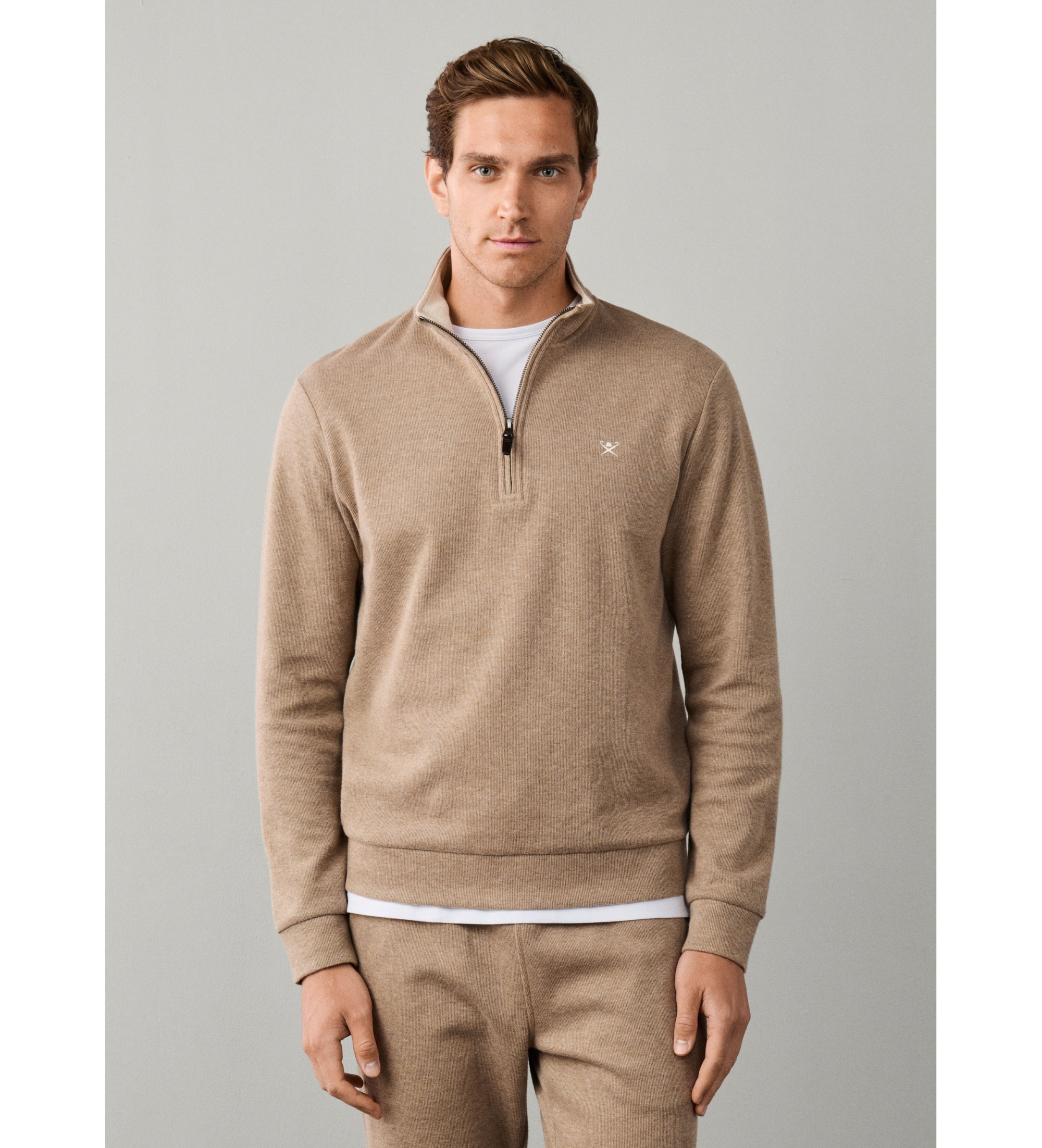 Hackett London für Herren. HM5800151 Sweatshirt mit halbem Reißverschluss in Beige (L), Lässig, Baumwolle, Langarm
