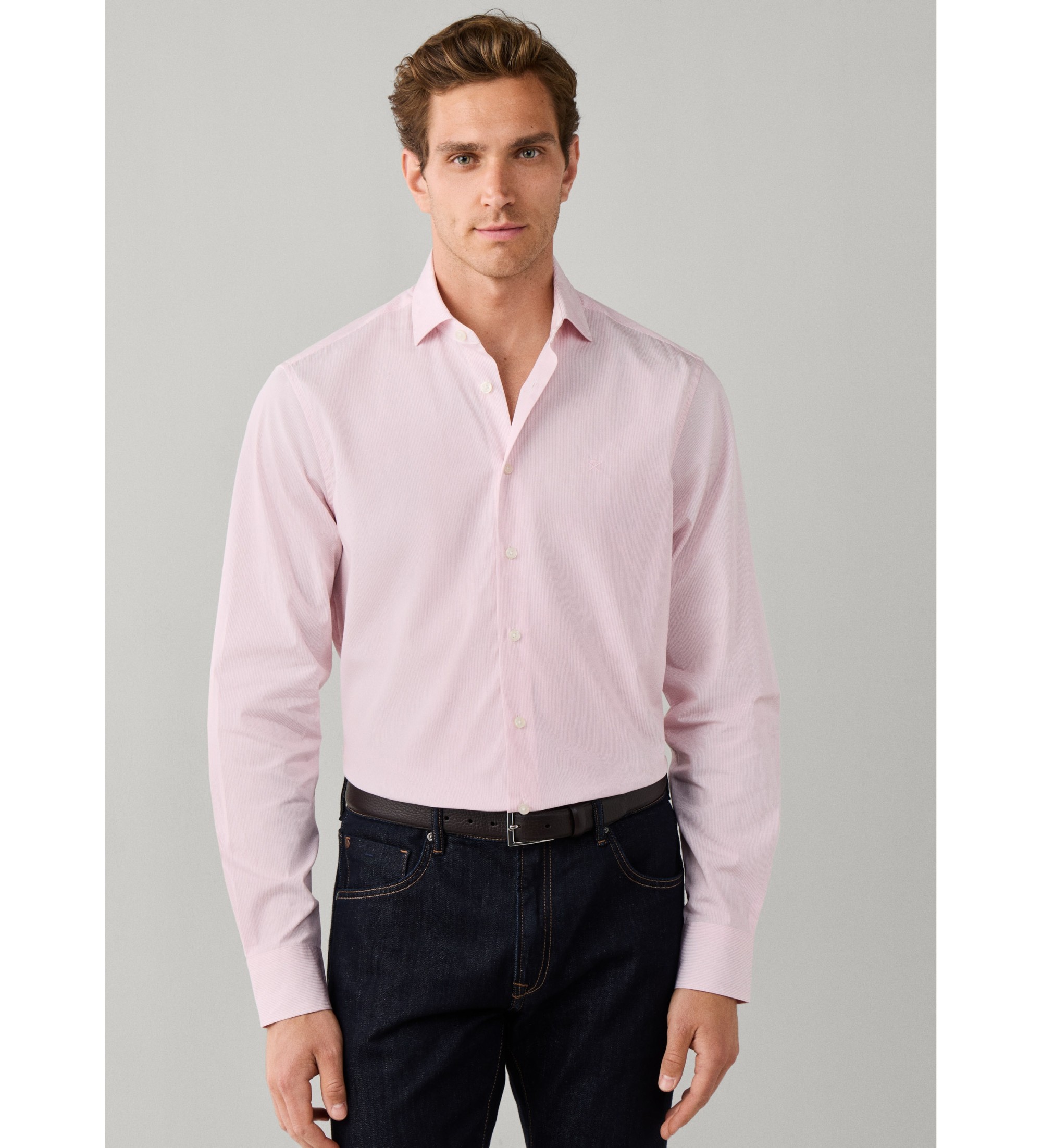 Hackett London für Herren. HM3010878 Hemd mit feinen Streifen City Fit klassisch rosa (L), Lässig, Baumwolle, Langarm