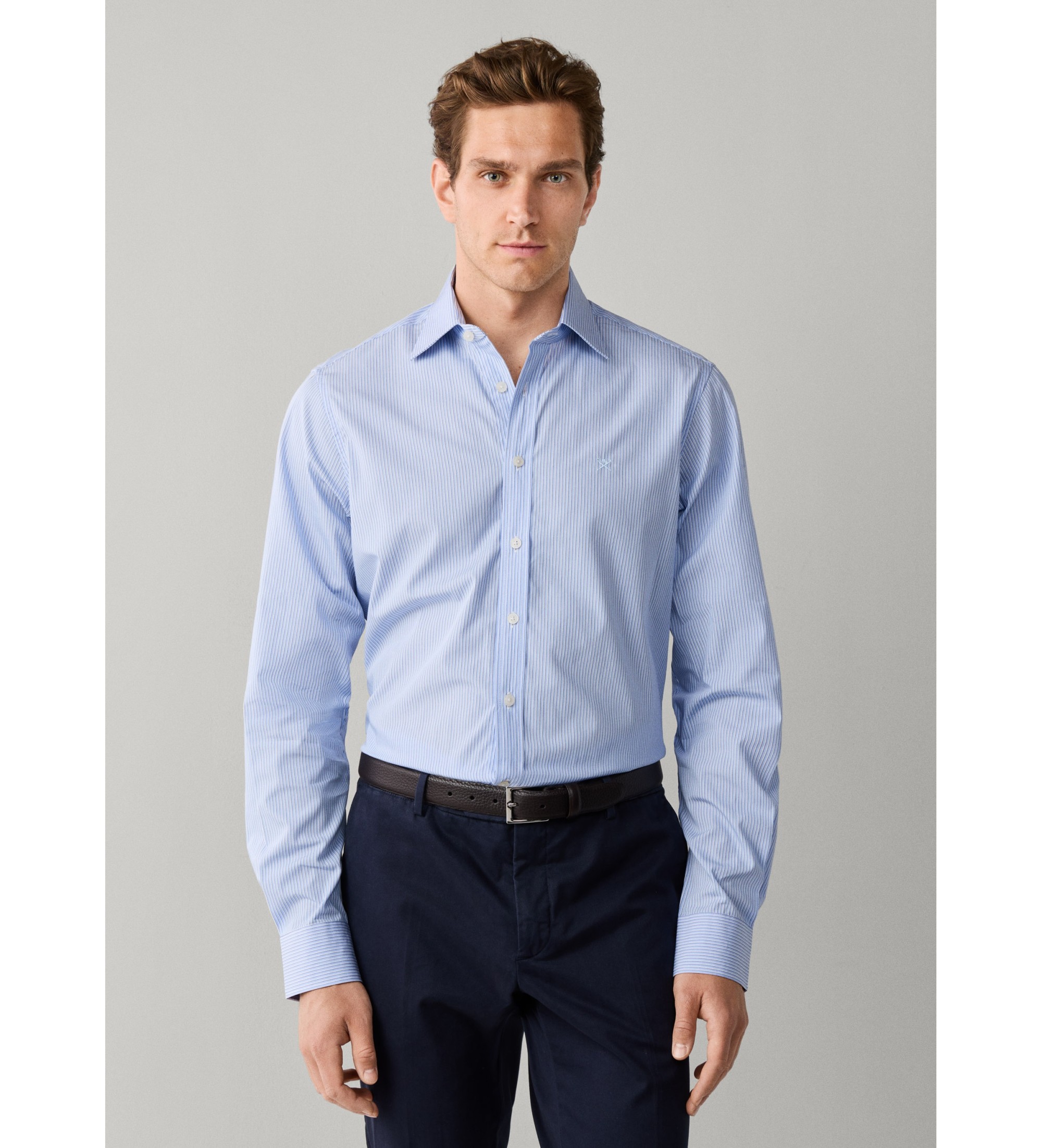 Hackett London für Herren. HM3010850 Mittelblaues City Shadow Stripe Hemd (M), Baumwolle, Klassisch, Langarm, Marine
