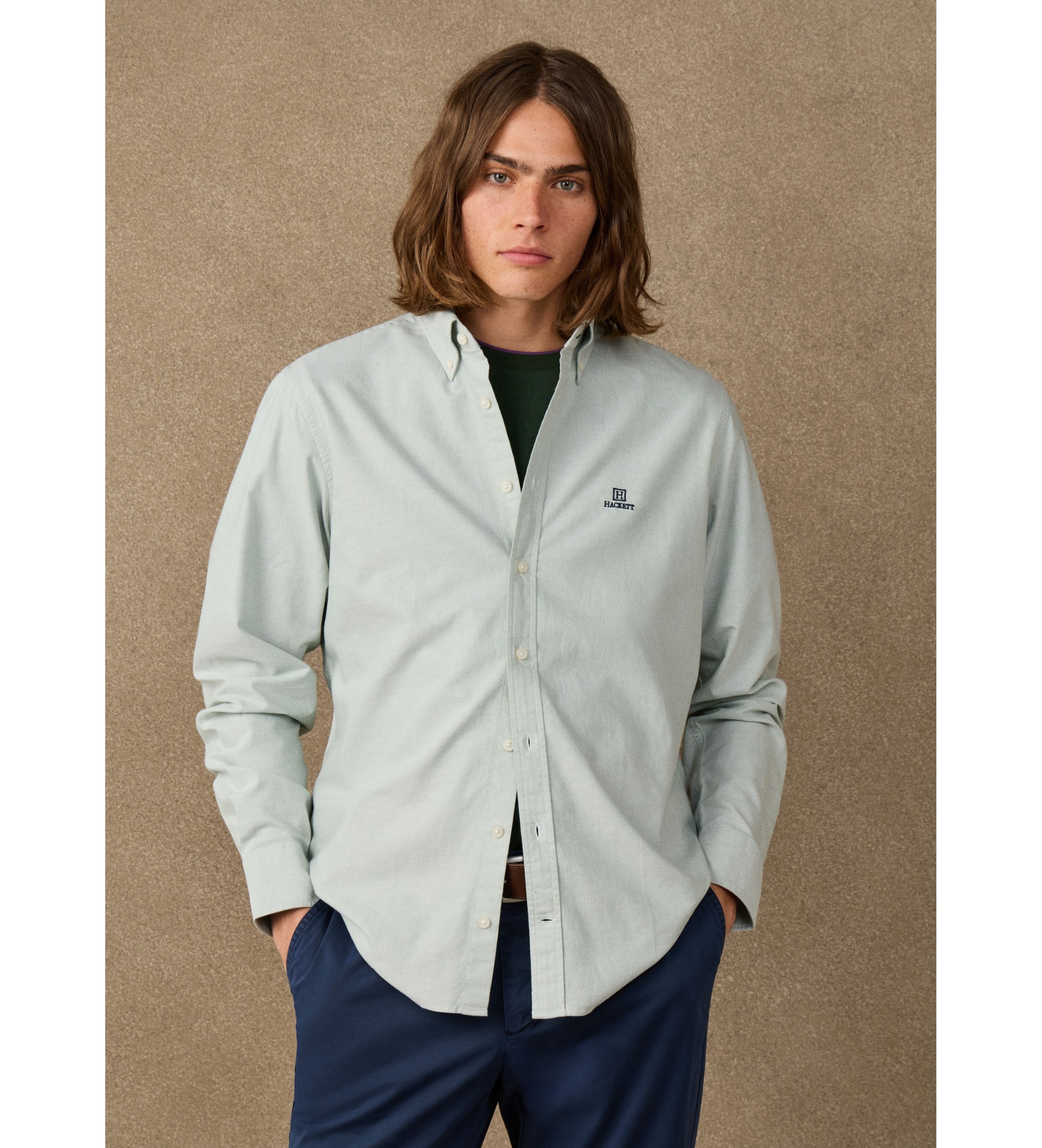 Hackett London für Herren. HM3010910 Klassisches Oxfordhemd, uni, Regular Fit, grün (S), Lässig, Baumwolle, Langarm