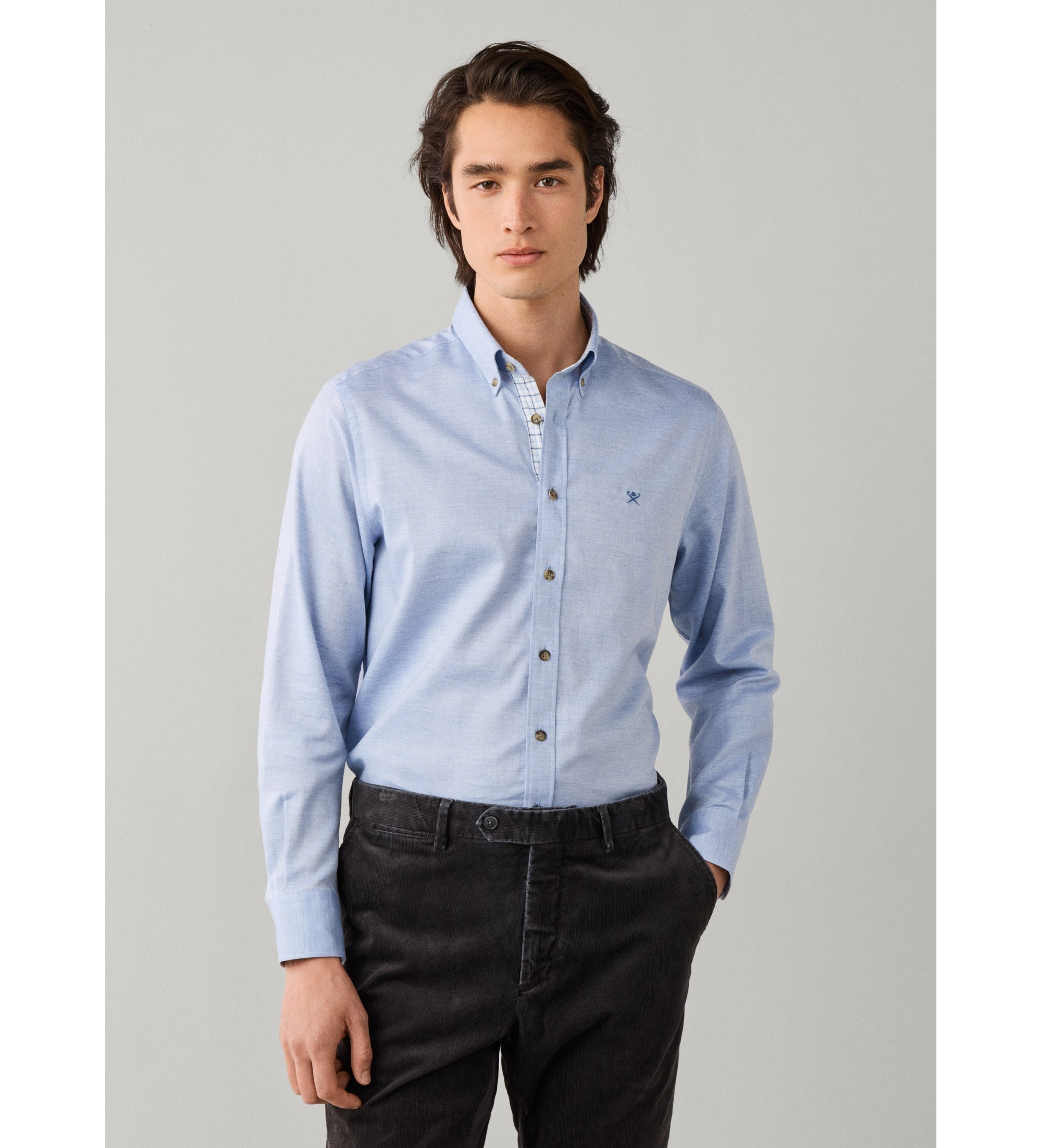 Hackett London für Herren. HM3010855 Flannel Multi Trim Hemd hellblau (S), Lässig, Baumwolle, Langarm