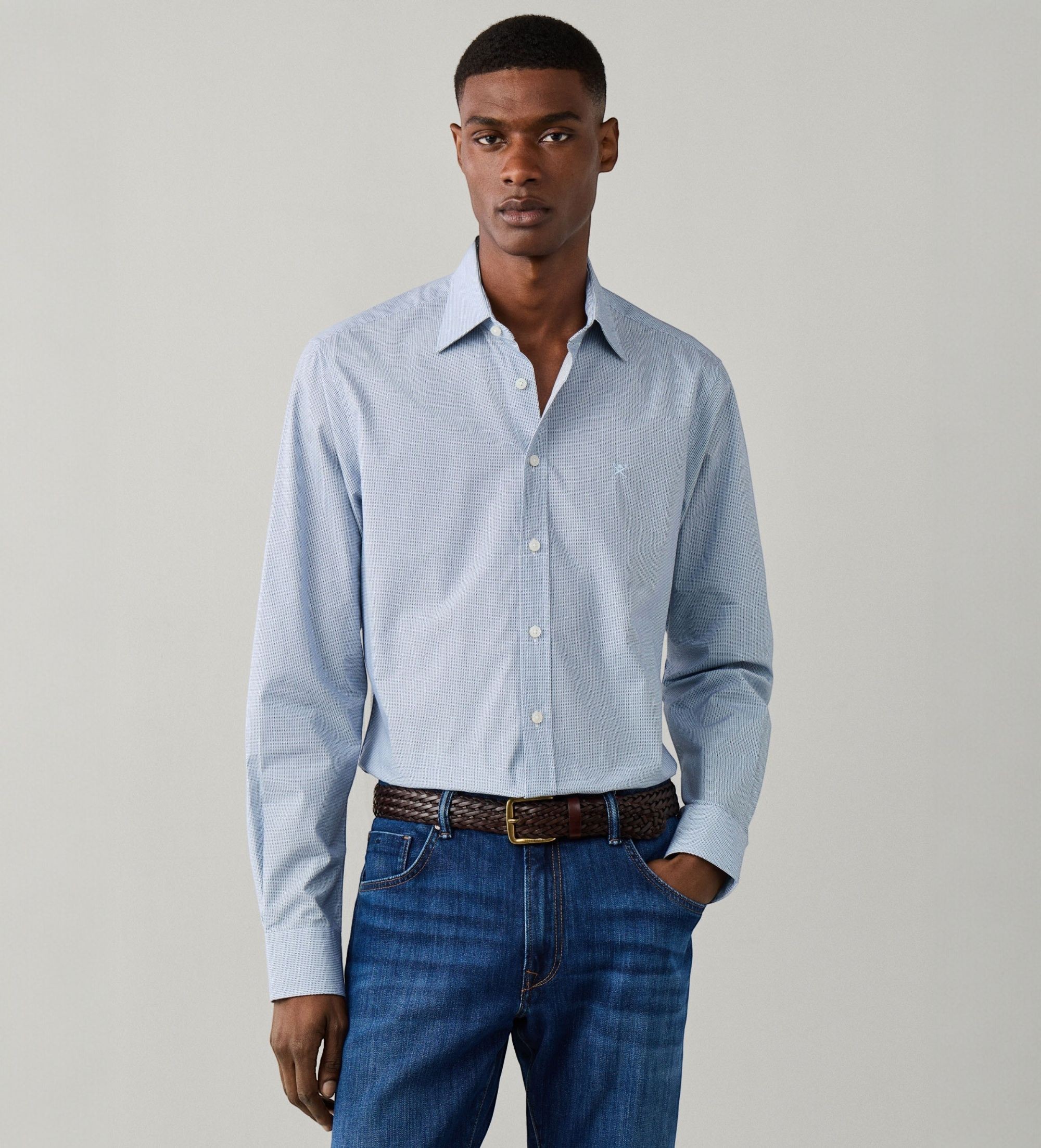 Hackett Londonvoor mannen. HM3010902 Mini Geo Print shirt blauw (L), Casual, Katoen, Klassiek, Lange mouwen