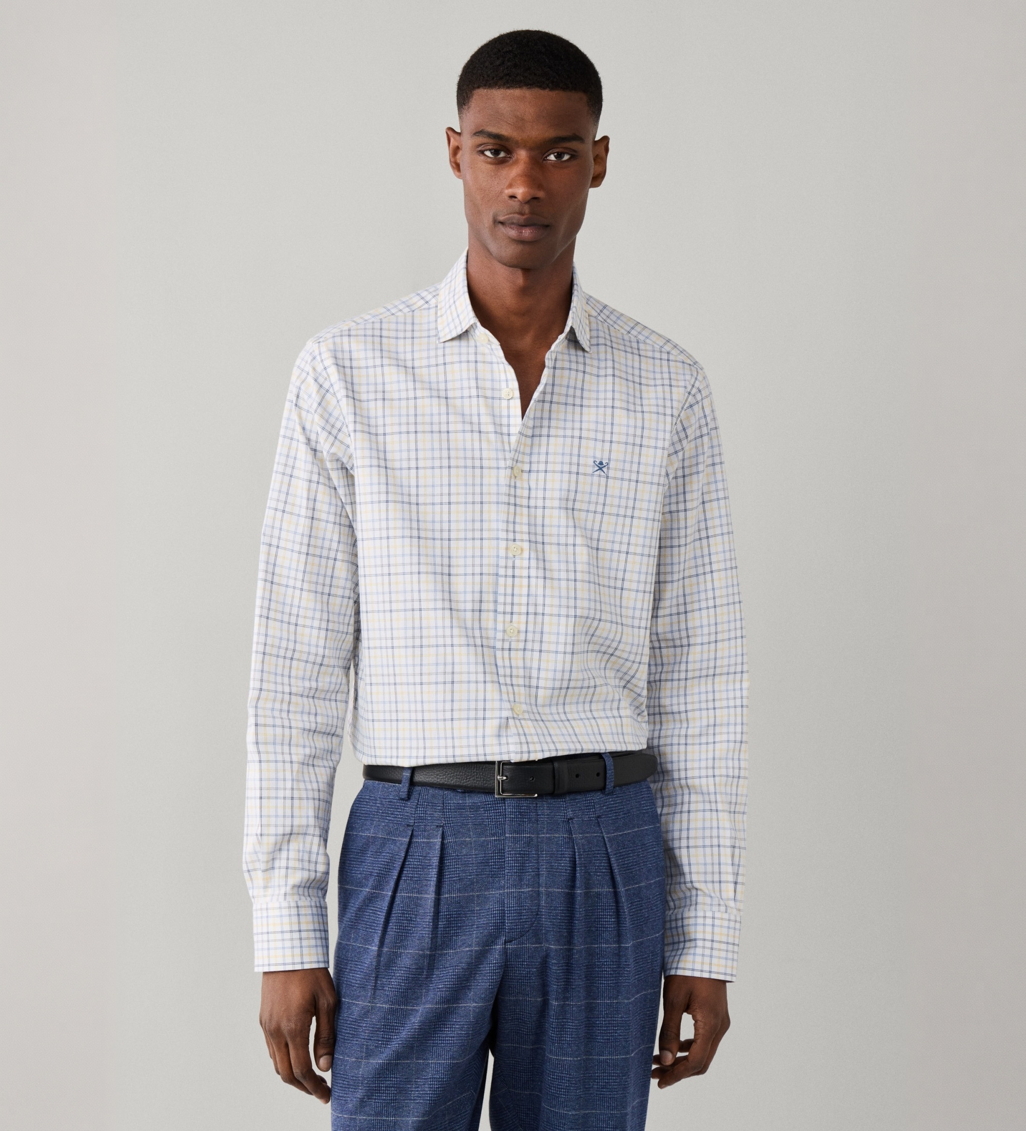 Hackett Londonvoor mannen. HM3010876 Blauw Three Col Tattersall overhemd (S), Wit, Casual, Katoen, Klassiek, Lange mouwen