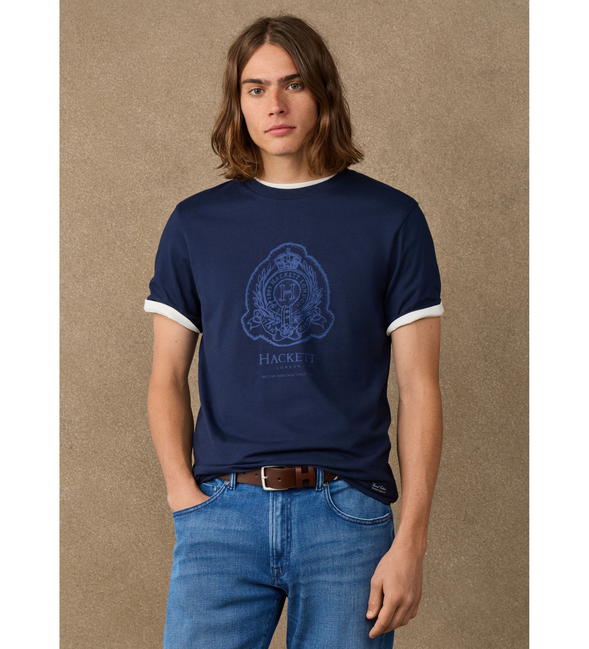 Hackett London für Herren. HM5000148 T-Shirt H Logo marineblau (L), Lässig, Baumwolle, Kurzarm