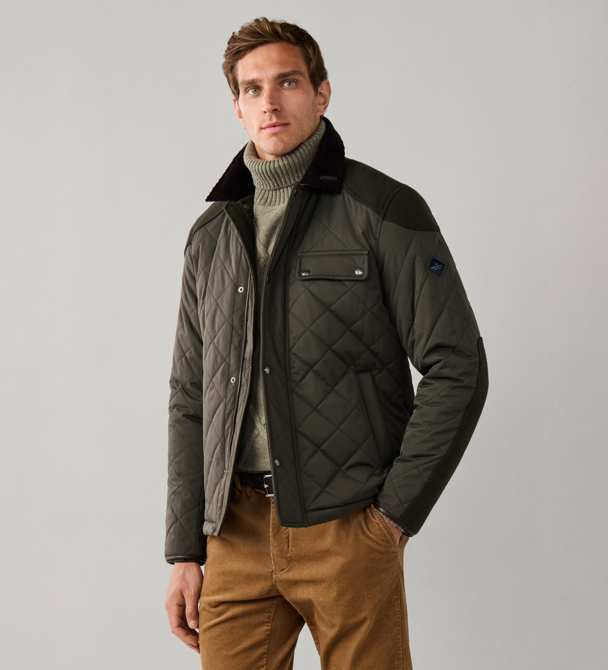 Hackett Londonvoor mannen. HM4000222 Kinloch Hybrid leren jas olijfgroen (M), Casual, Polyester