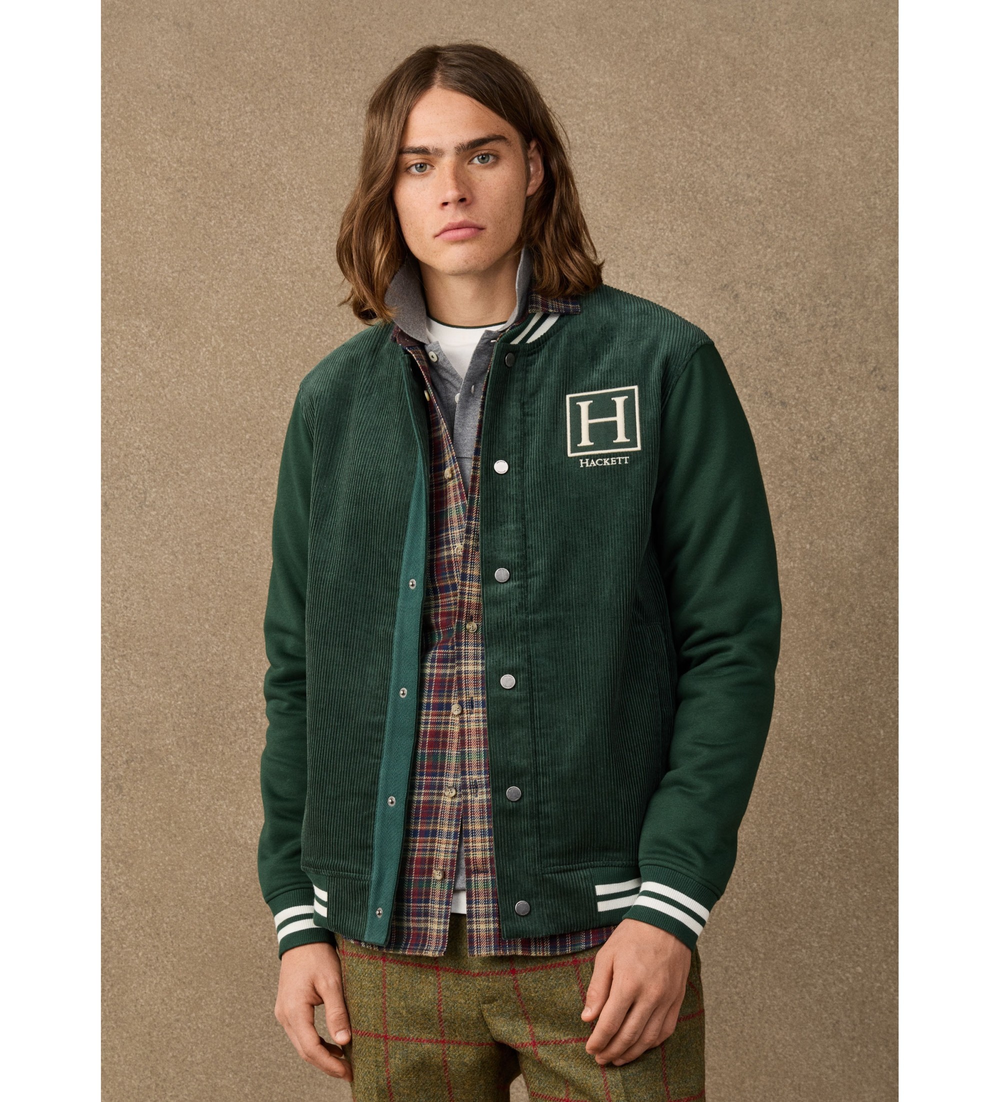 Hackett London für Herren. HM5800149 Grüne H Varsity-Jacke (M), Lässig, Baumwolle, Langarm