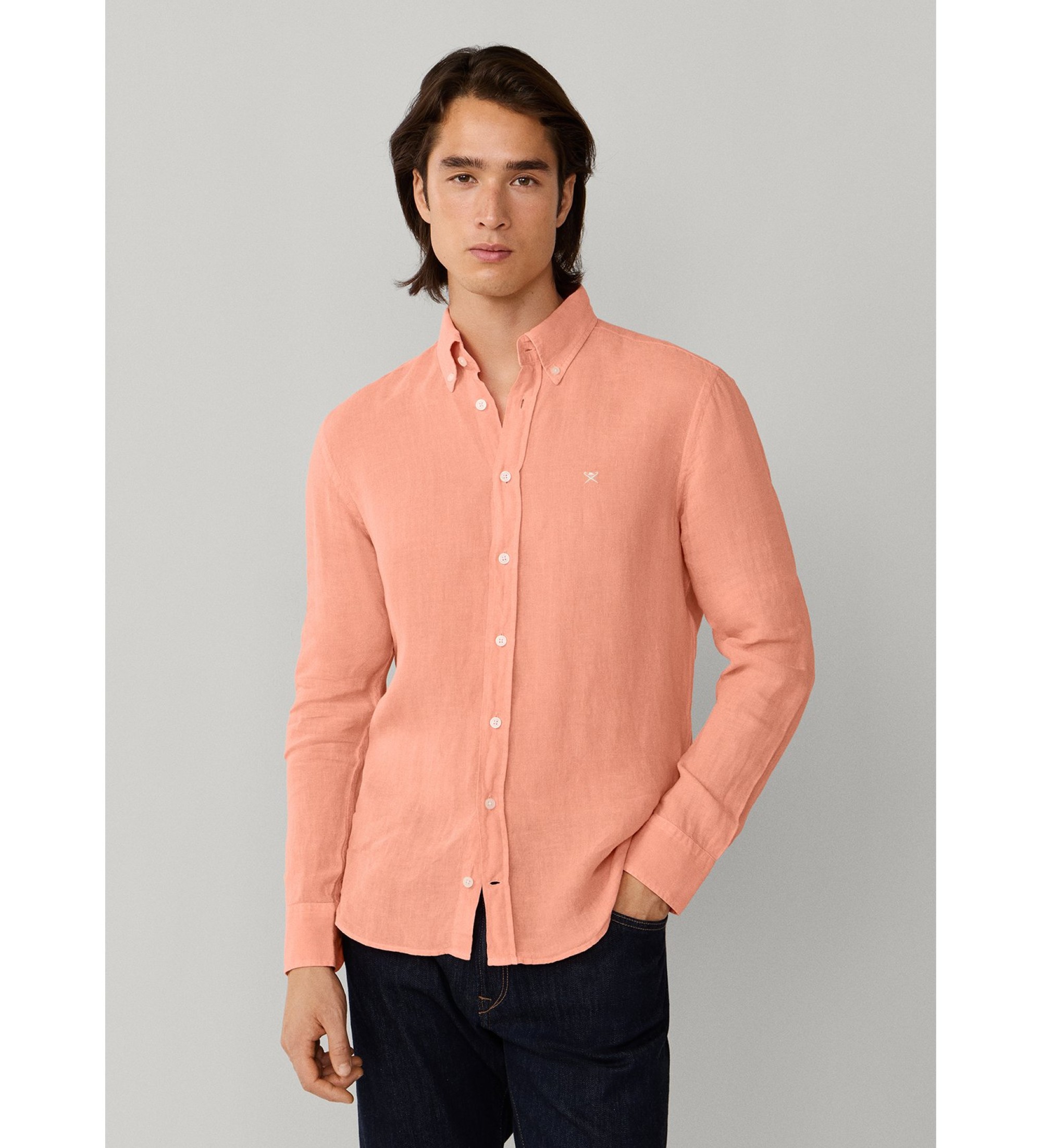Hackett London für Herren. HM3010635 Gefärbtes Leinenhemd tailliert orange (M), Lässig, Langarm