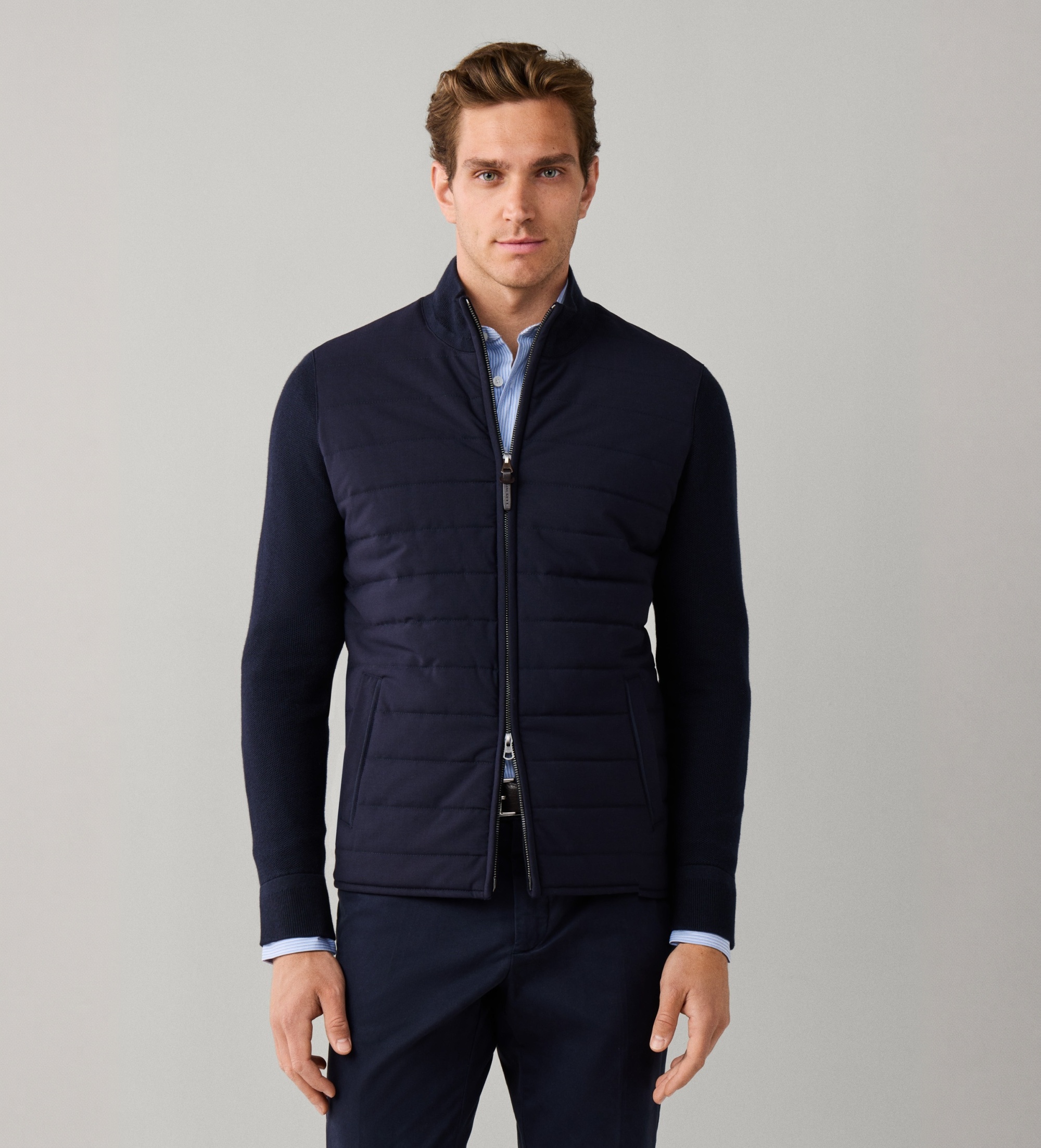 Hackett Londonvoor mannen. HM7000247 Jersey Baffle Woven Hyb marineblauw (XXL), Casual, Katoen, Lange mouwen