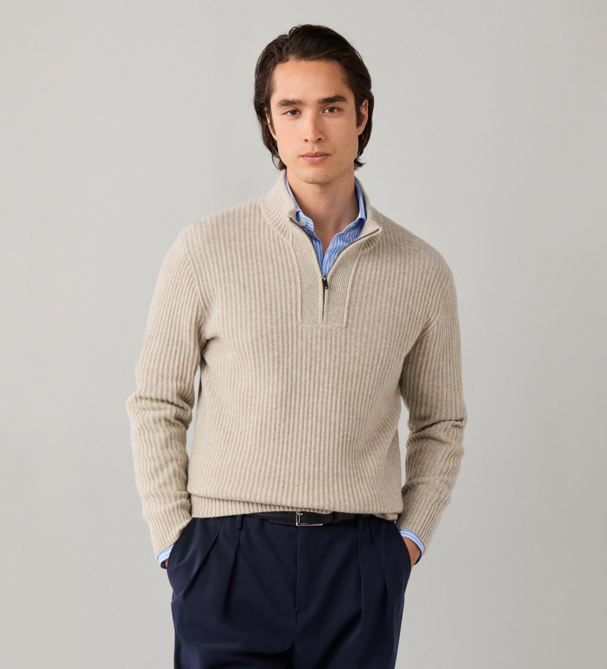 Hackett Londonvoor mannen. HM7000282 Trui met rits Highland Stitch Hzip beige (XXL), Casual, Wol, Klassiek, Lange mouwen
