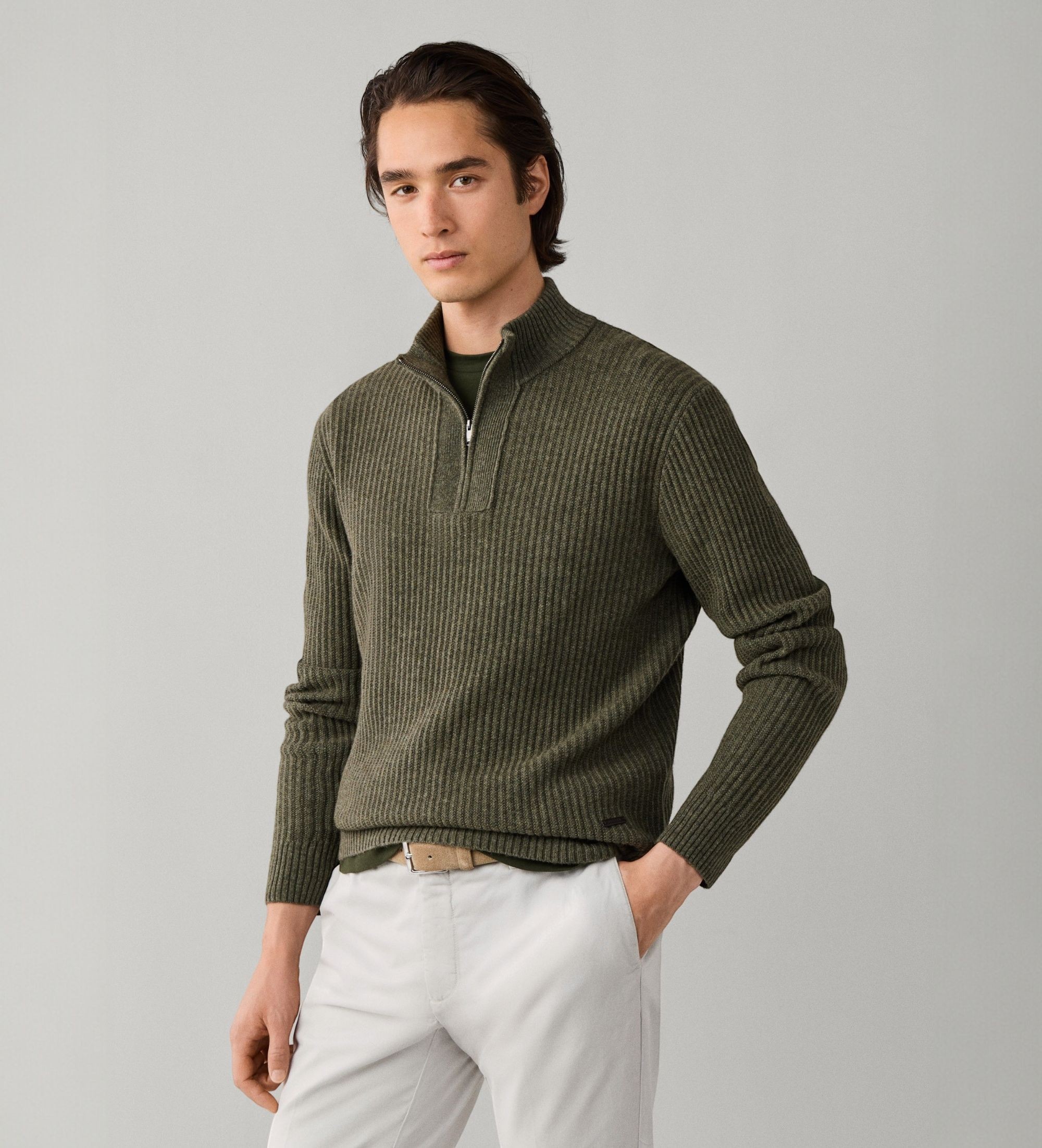 Hackett Londonvoor mannen. HM7000282 Trui met rits Highland Stitch Hzip olijfgroen (M), Casual, Wol, Klassiek, Lange mouwen