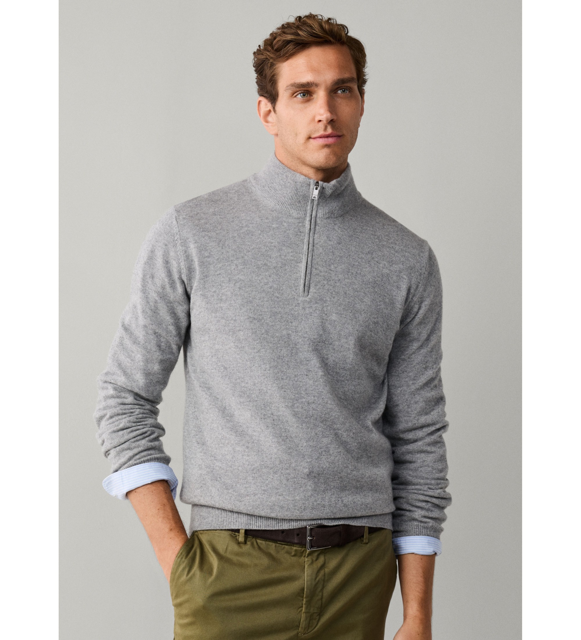 Hackett London für Herren. HM7000243 Pullover mit Reißverschluss ?Merino Cash Mix Hzip?, grau (L), Lässig, Wolle, Klassisch