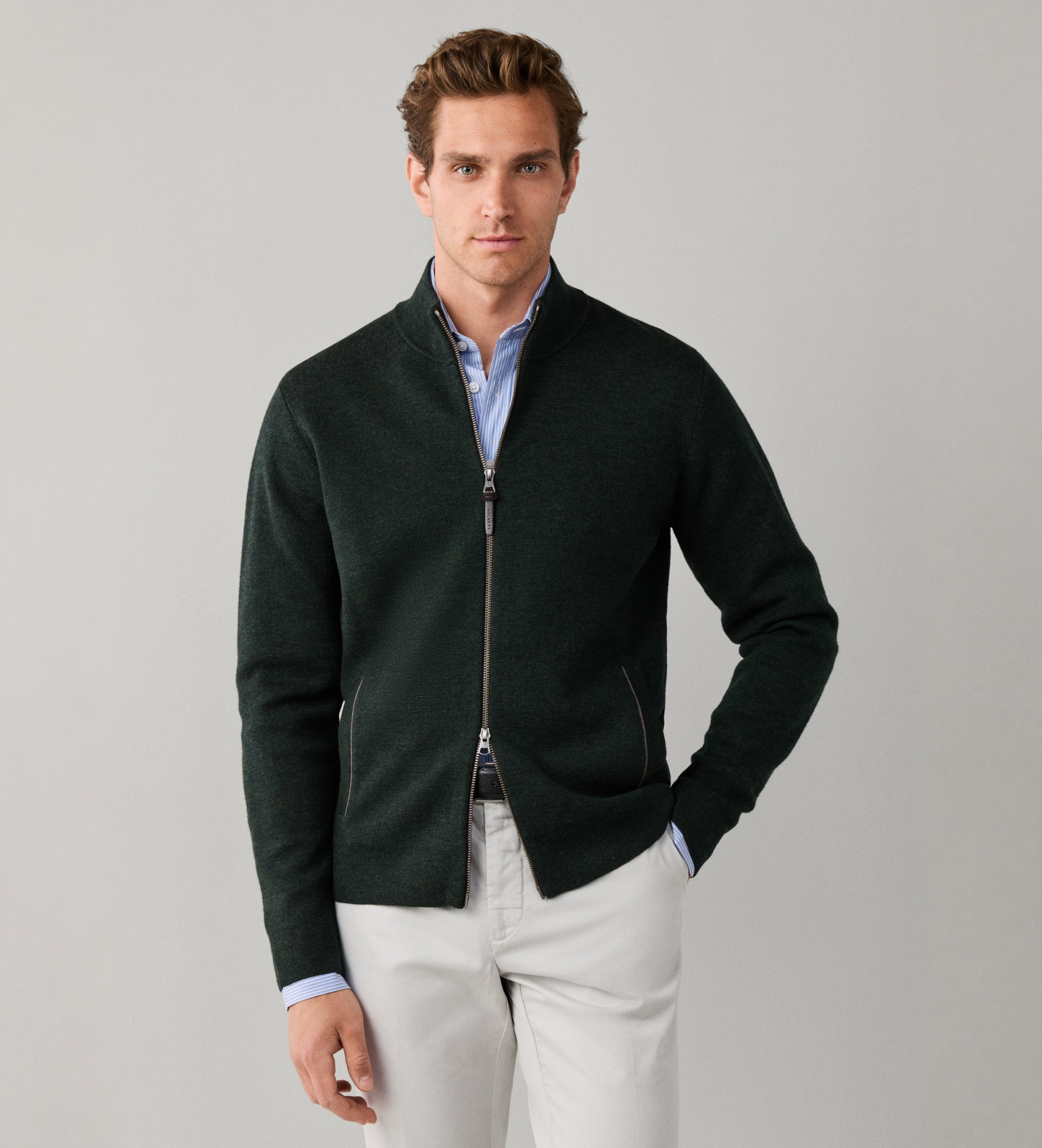 Hackett Londonvoor mannen. HM7000285 Milano Fzip groene trui met rits (S), Casual, Wol, Klassiek, Lange mouwen