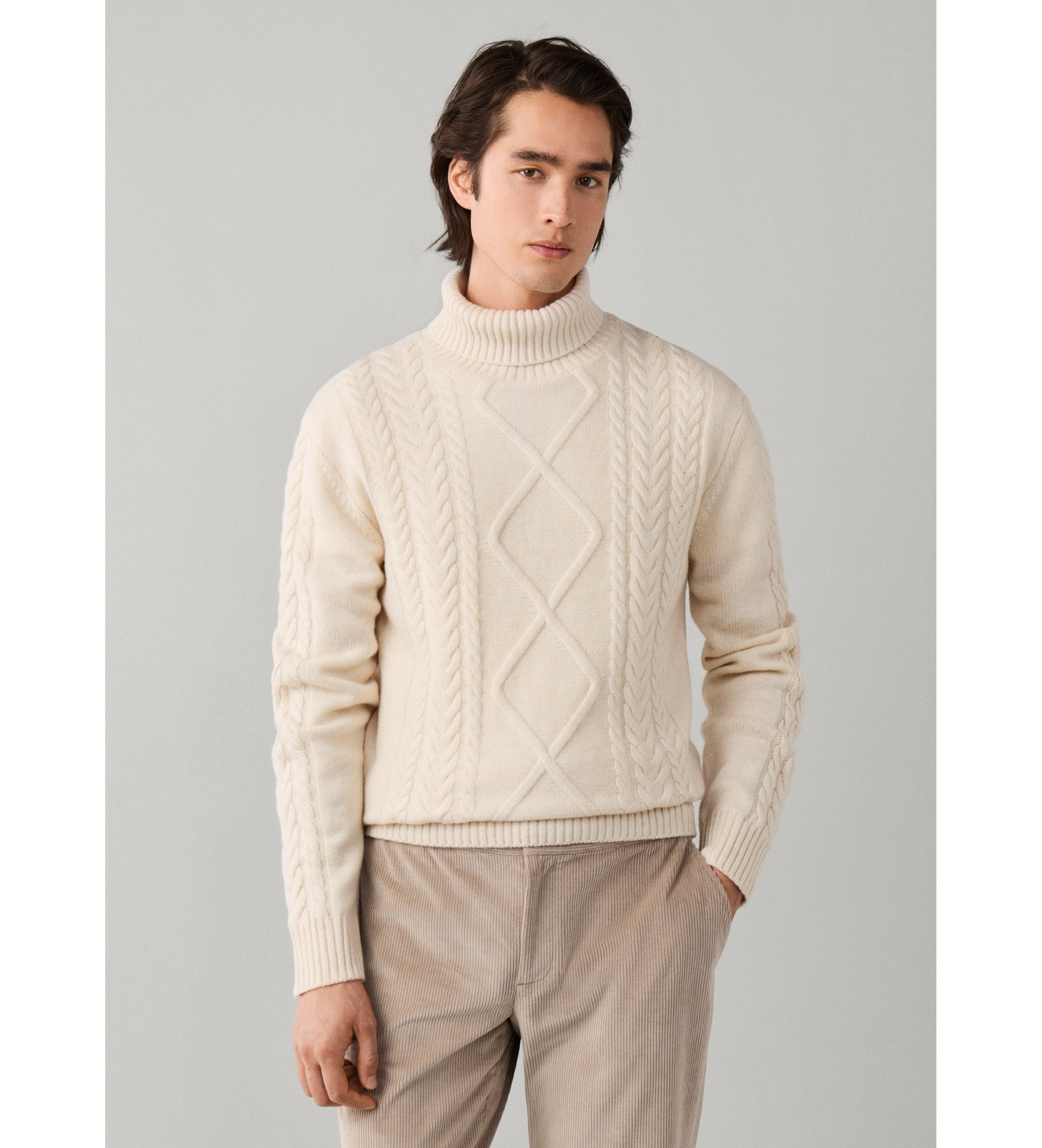 Hackett London für Herren. HM7000289 Rollkragenpullover mit Argyle-Muster in Gebrochenem Weiß (M), Lässig, Wolle, Klassisch