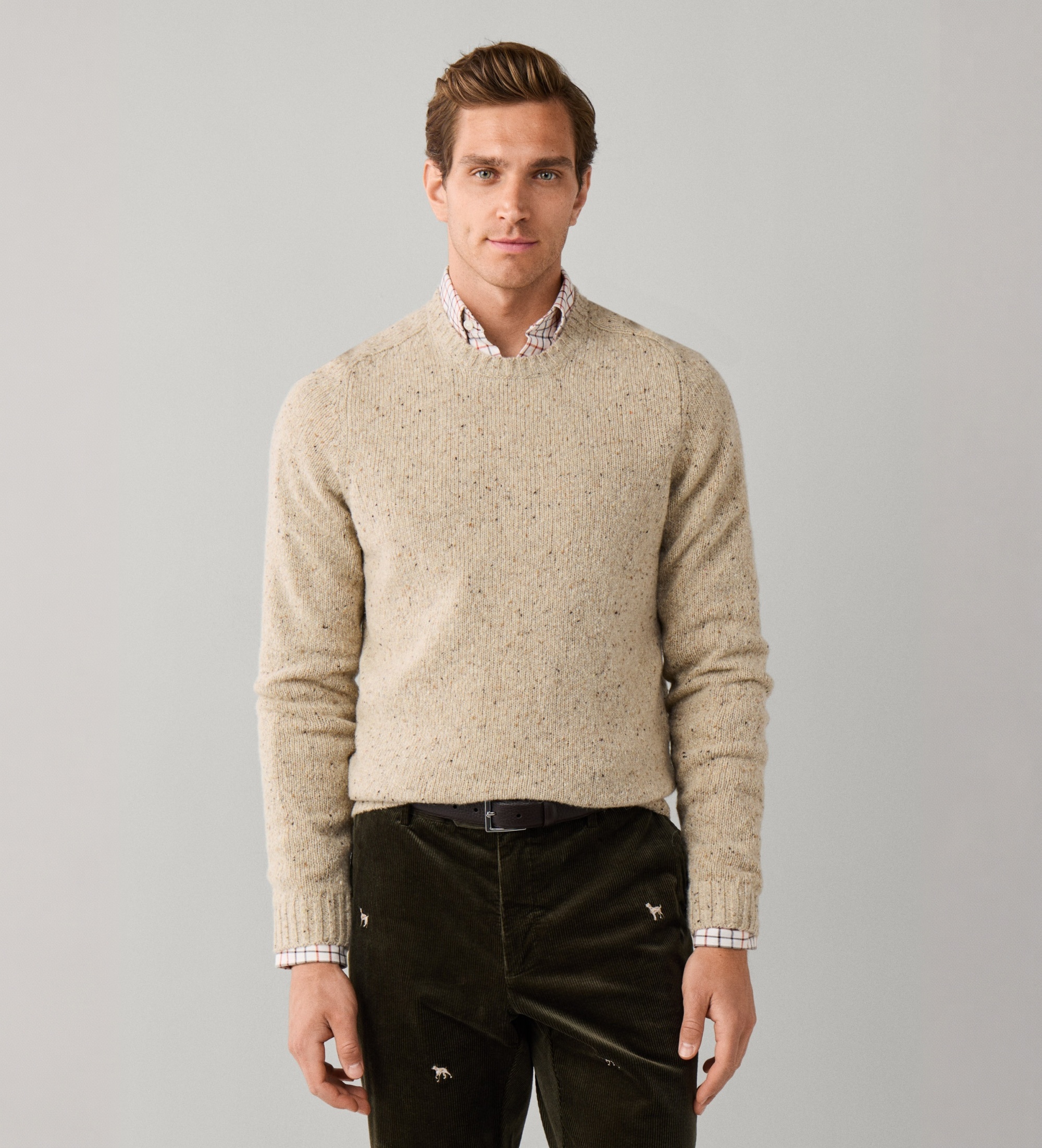Hackett Londonvoor mannen. HM7000253 Beige Donegal trui (XXL), Casual, Wol, Klassiek