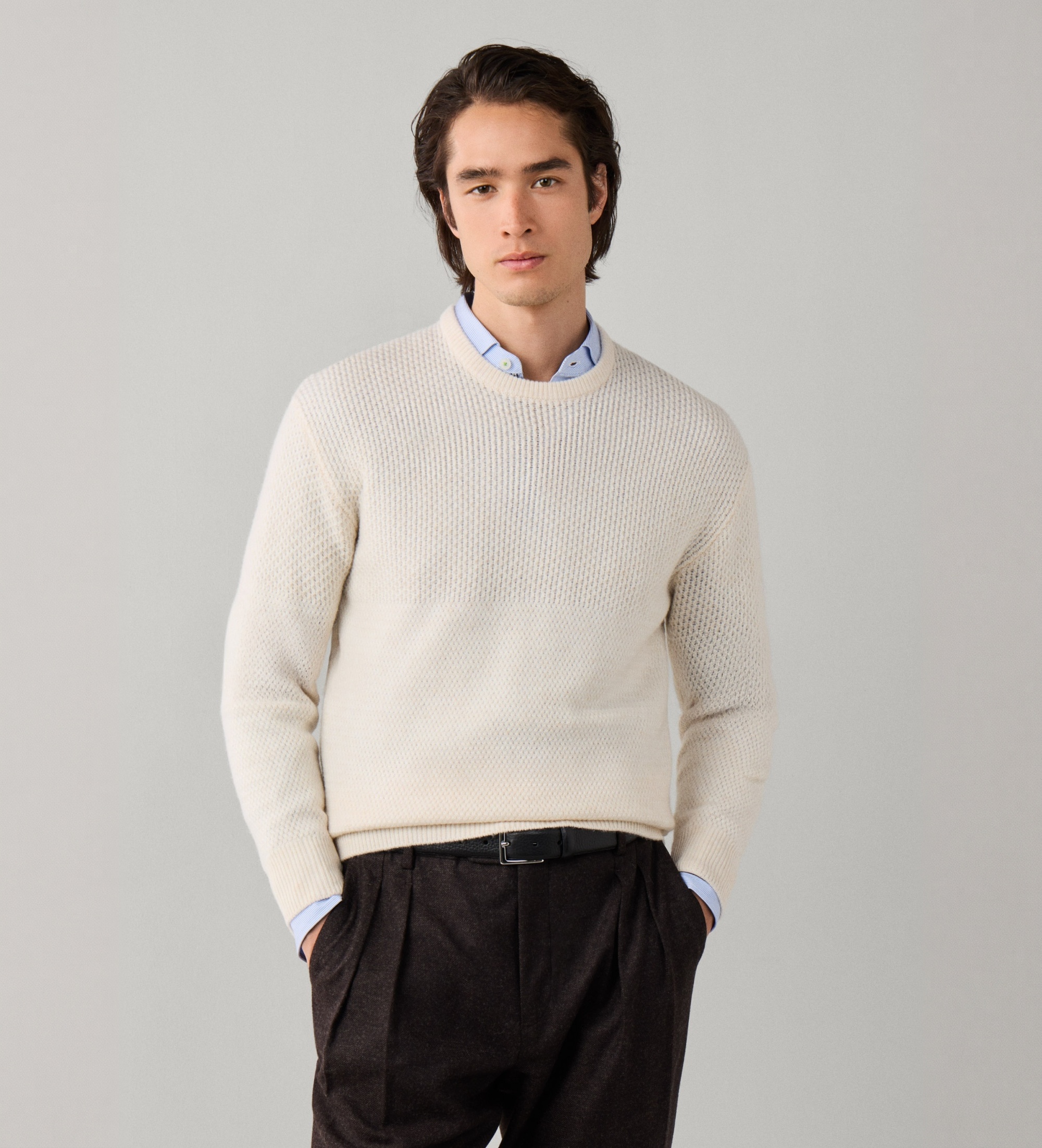 Hackett Londonvoor mannen. HM7000283 Jersey Duo Stitch Crew gebroken wit (XL), Wol, Klassiek, Lange mouwen