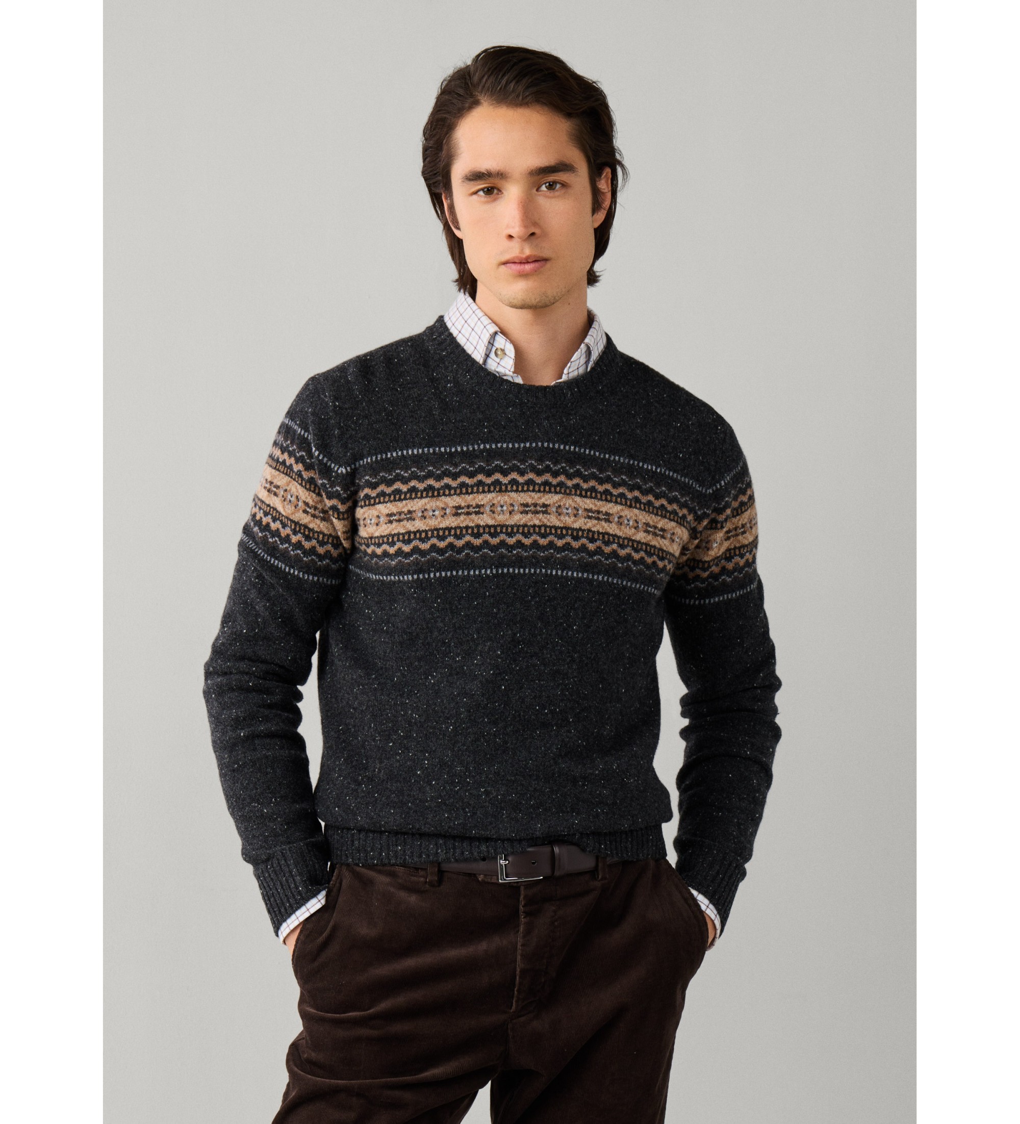 Hackett London für Herren. HM7000269 Grauer Fairisle-Pullover (S), Lässig, Wolle, Klassisch