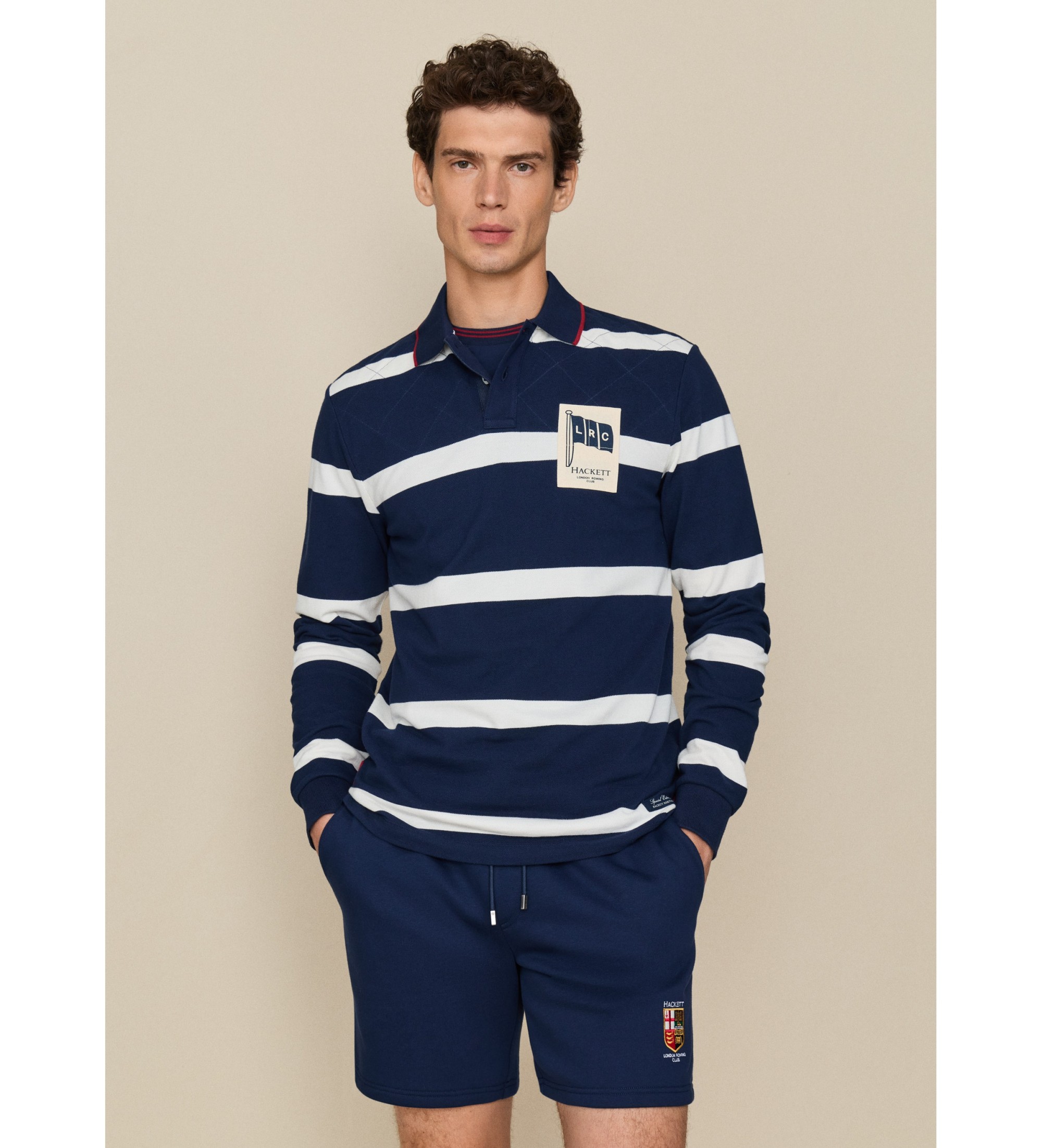 Hackett London für Herren. HM5500051 Marineblaues gestreiftes Poloshirt mit langen Ärmeln (L), Lässig, Baumwolle, Klassisch, Langarm