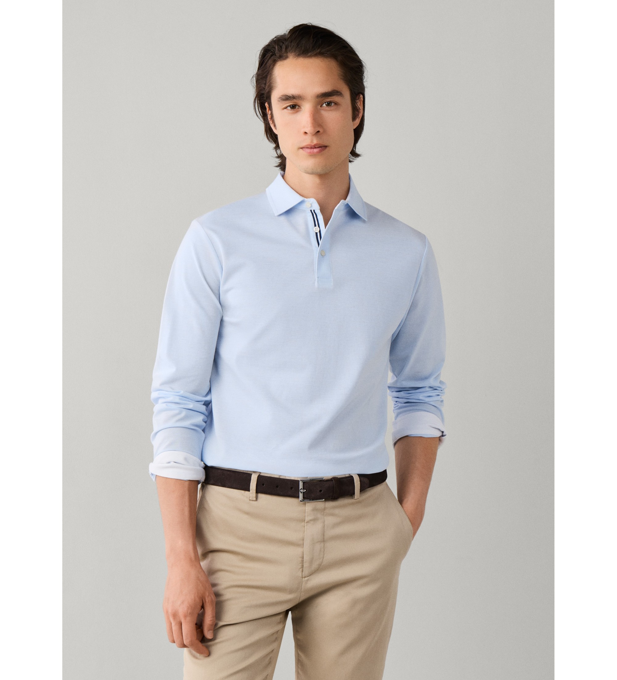 Hackett London für Herren. HM5500041 Polo Piqué Langarm klassische Passform blau (L), Lässig, Baumwolle