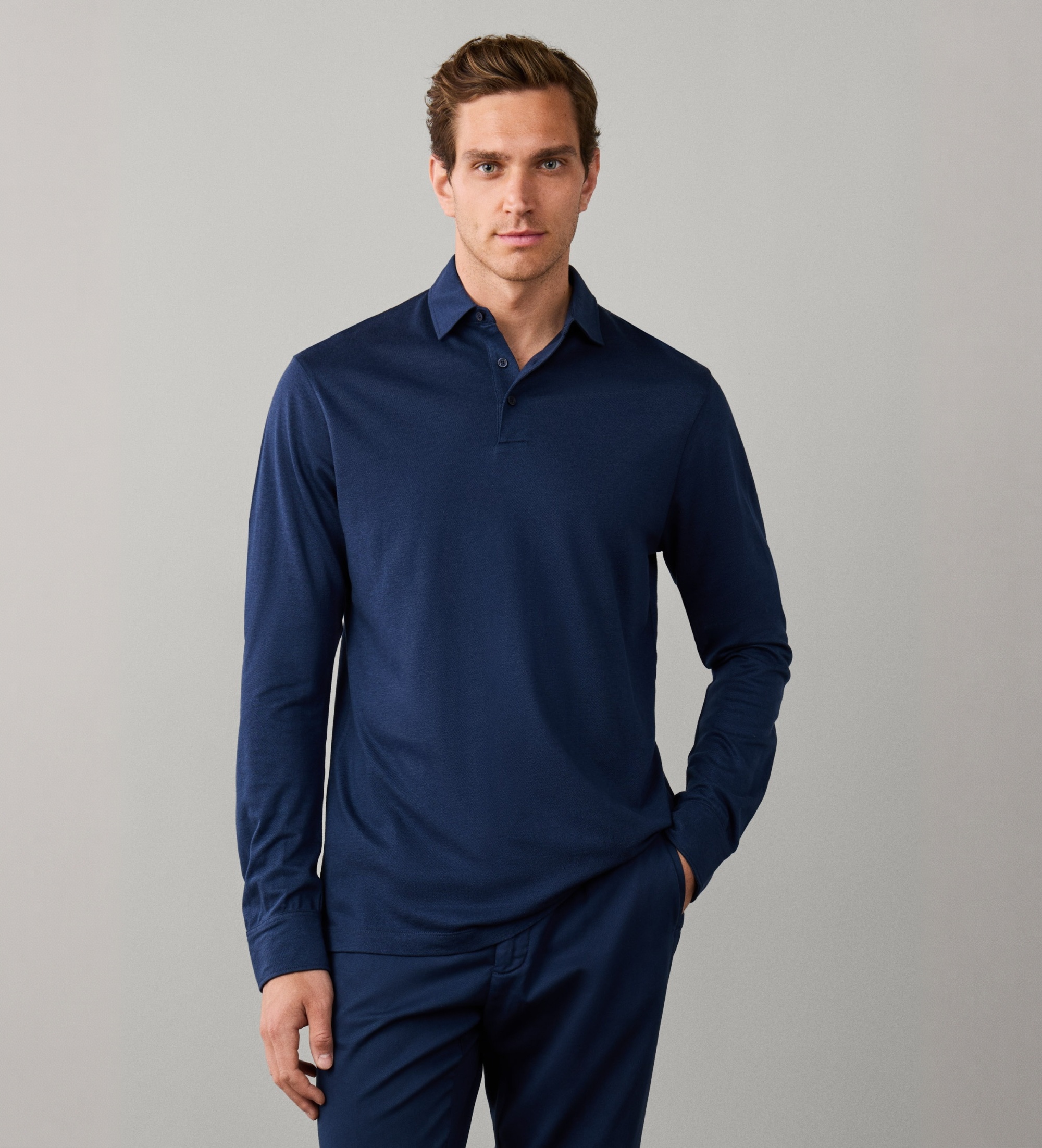 Hackett Londonvoor mannen. HM5500050 Poloshirt met lange mouwen, piqué, marineblauw (M), Casual, Klassiek, Lyocell