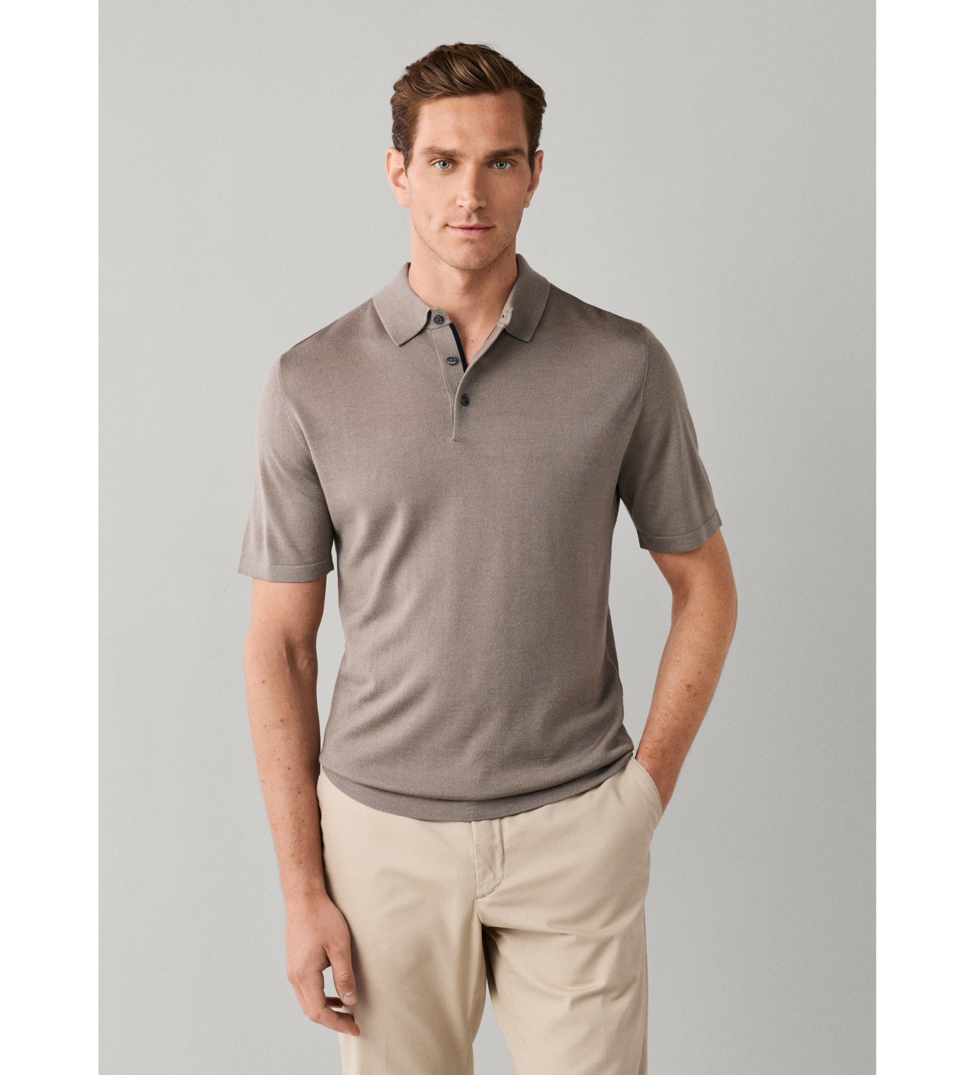 Hackett London für Herren. HM7000207 Polo Mischung Merinowolle und Seide klassische Passform beige (L), Lässig, Kurzarm