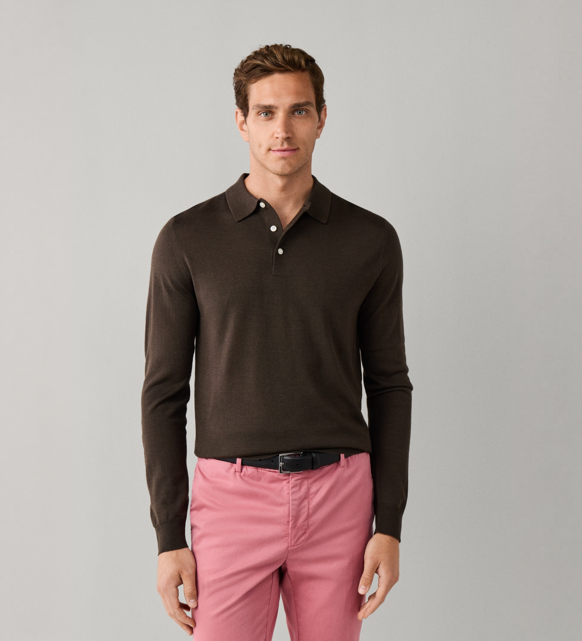 Hackett Londonvoor mannen. HM7000284 Gebreide polo Merino Silk donkerbruin (XL), Groen, Wol, Klassiek, Lange mouwen