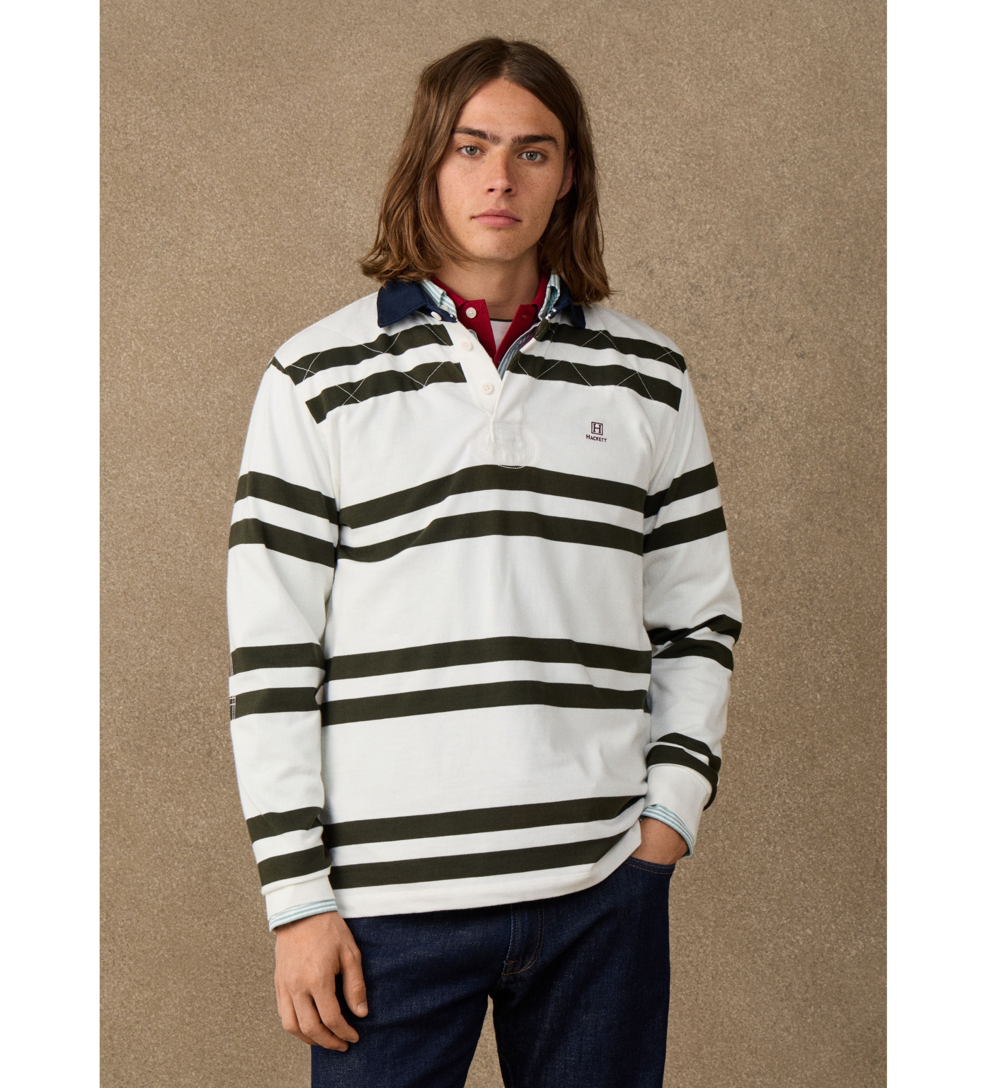 Hackett London für Herren. HM5700025 Weißes Rugby-Poloshirt (L), Lässig, Baumwolle, Langarm