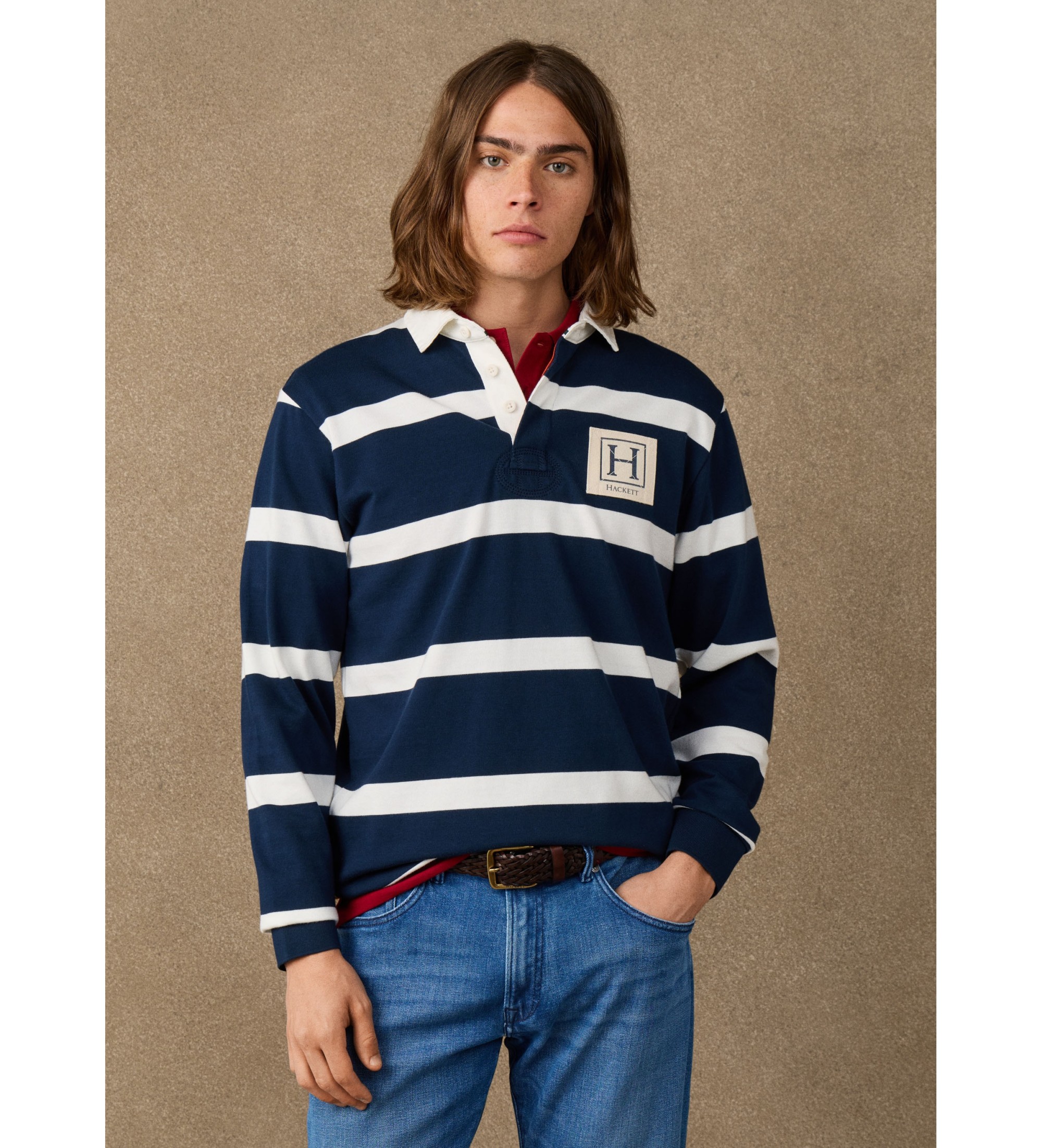 Hackett London für Herren. HM5700023 Polo Rugby H marineblau (L), Lässig, Baumwolle, Langarm